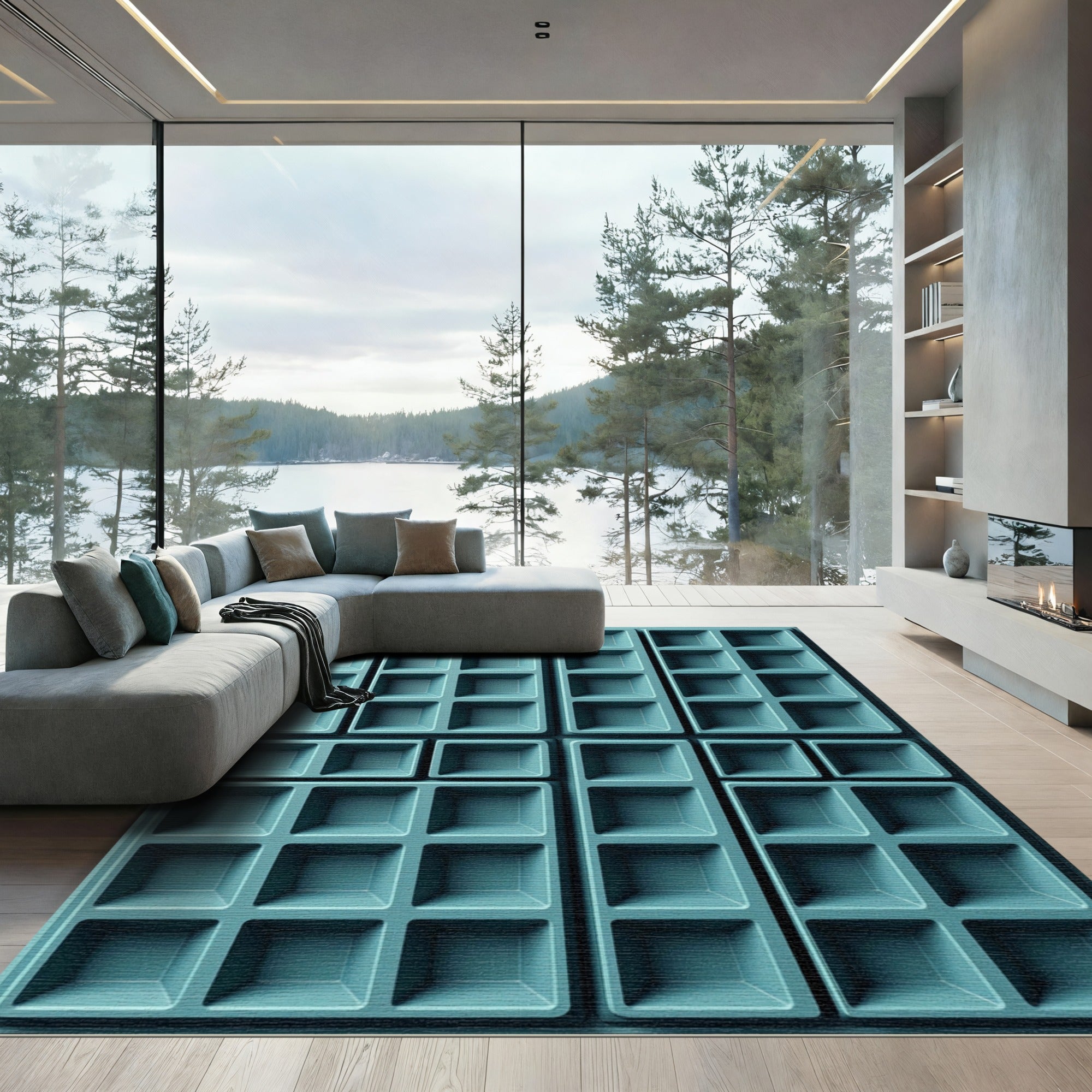 Teal Square Grid Composition Rug
