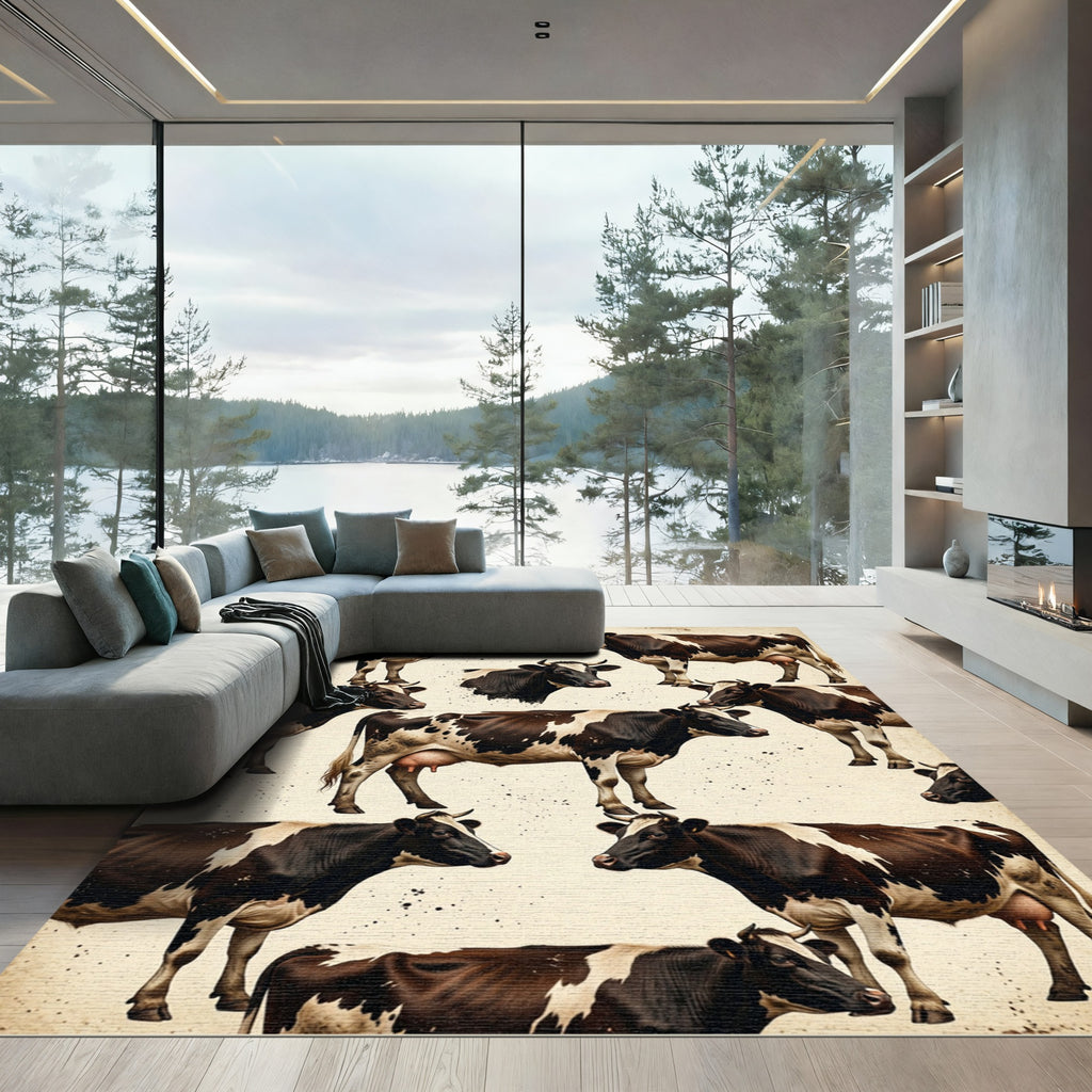 Rustic Brown and White Cow Farmhouse Rug