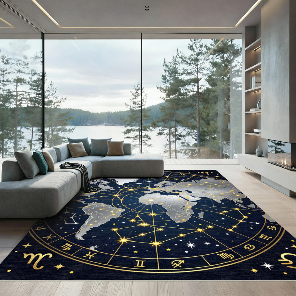 Celestial Golden Constellation World Map Rug