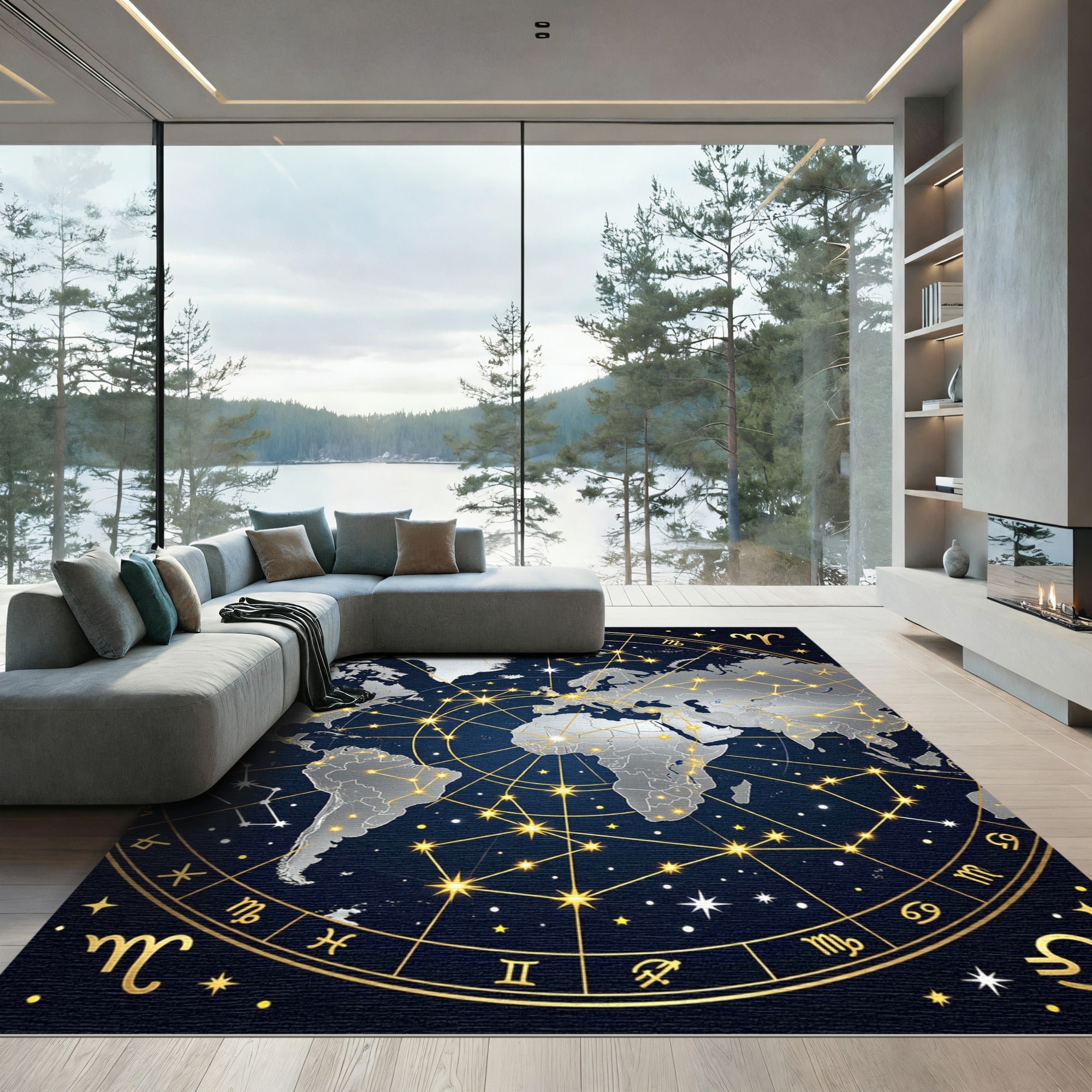 Celestial Golden Constellation World Map Rug