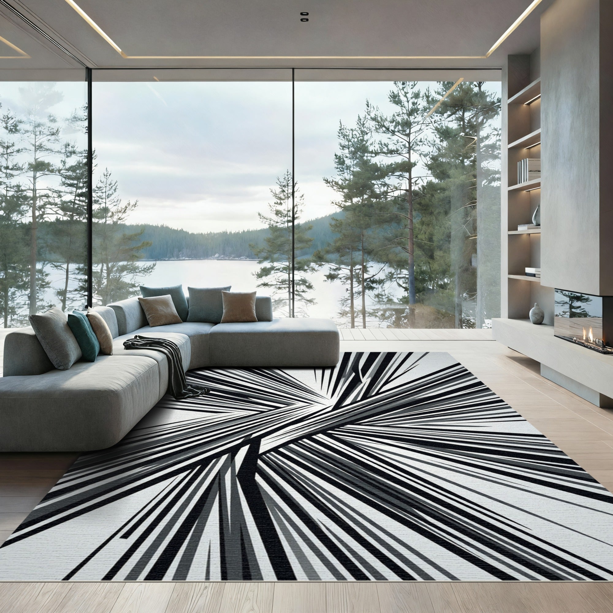 Monochromatic Abstract Angular Linear Art Rug