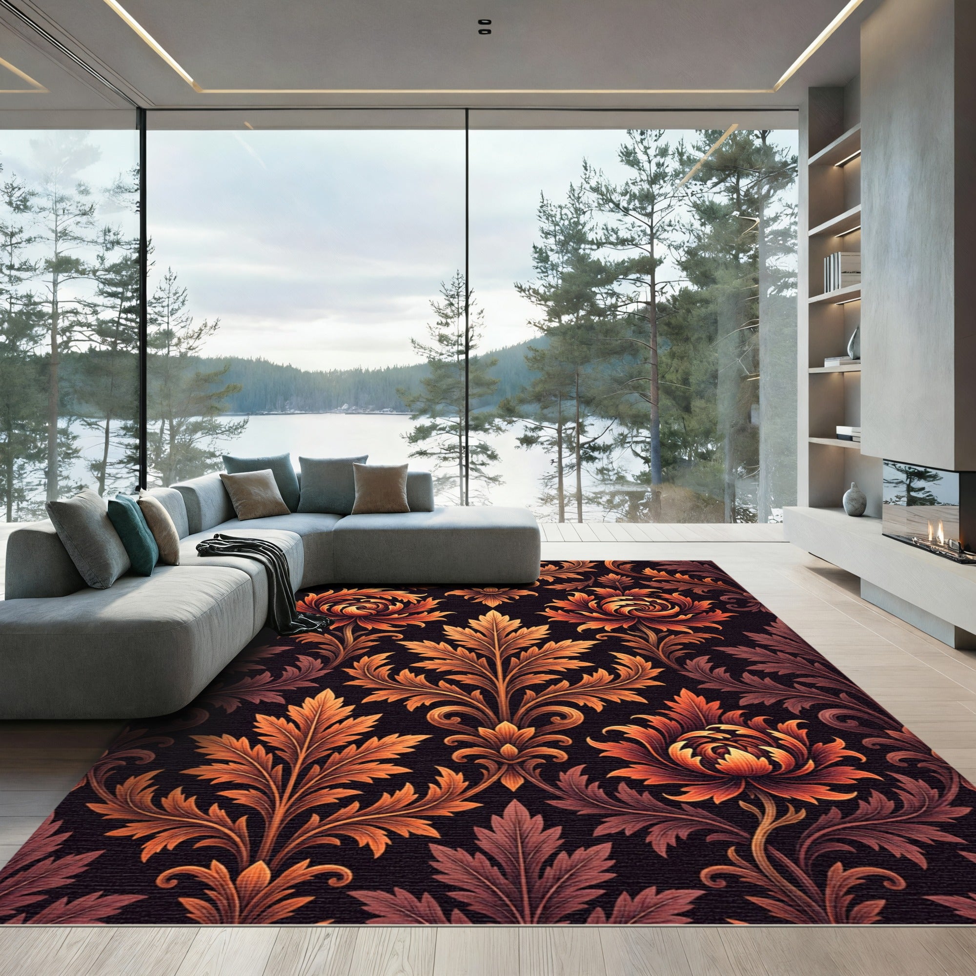 Ornate Crimson Floral Damask Rug