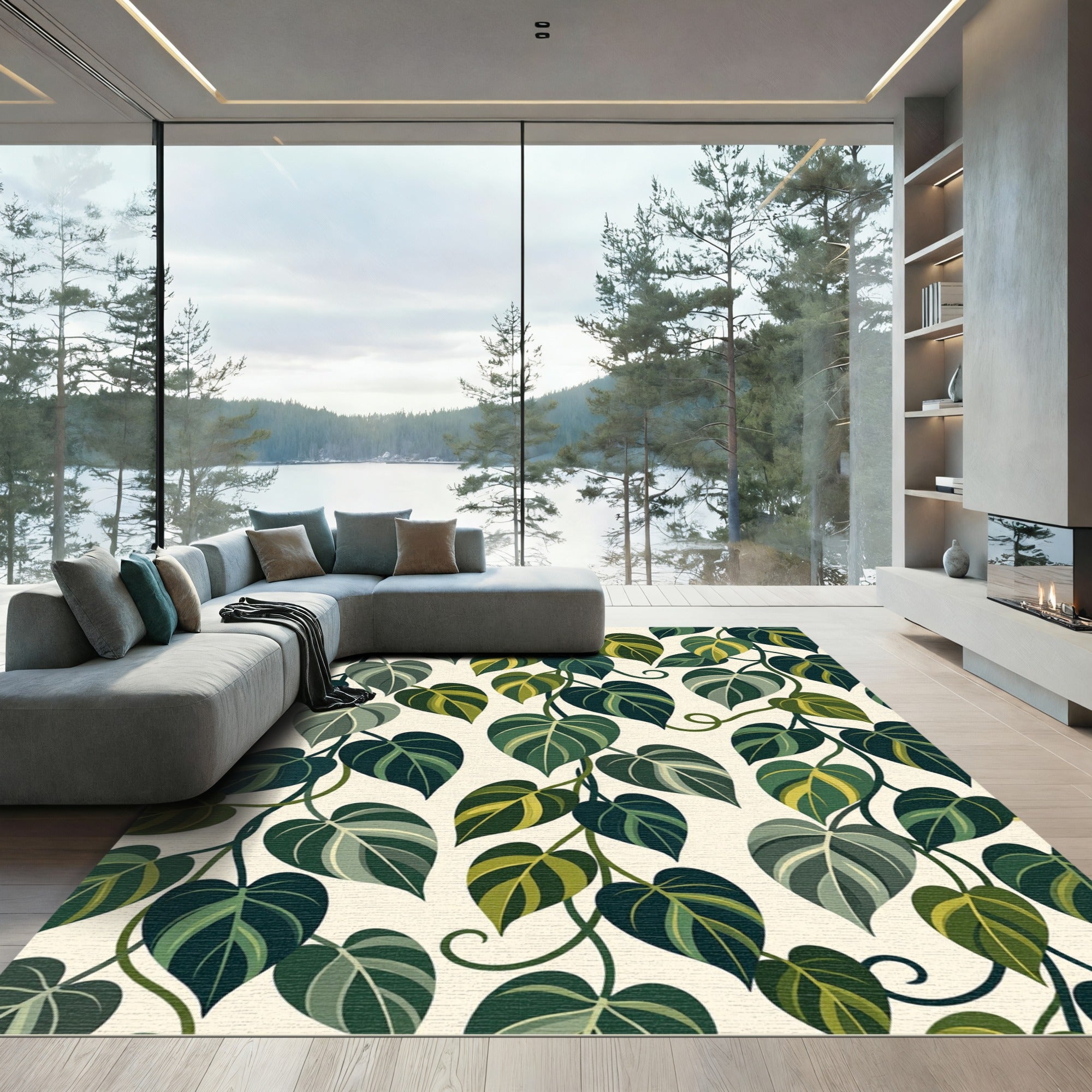Lush Green Tropical Philodendron Foliage Rug