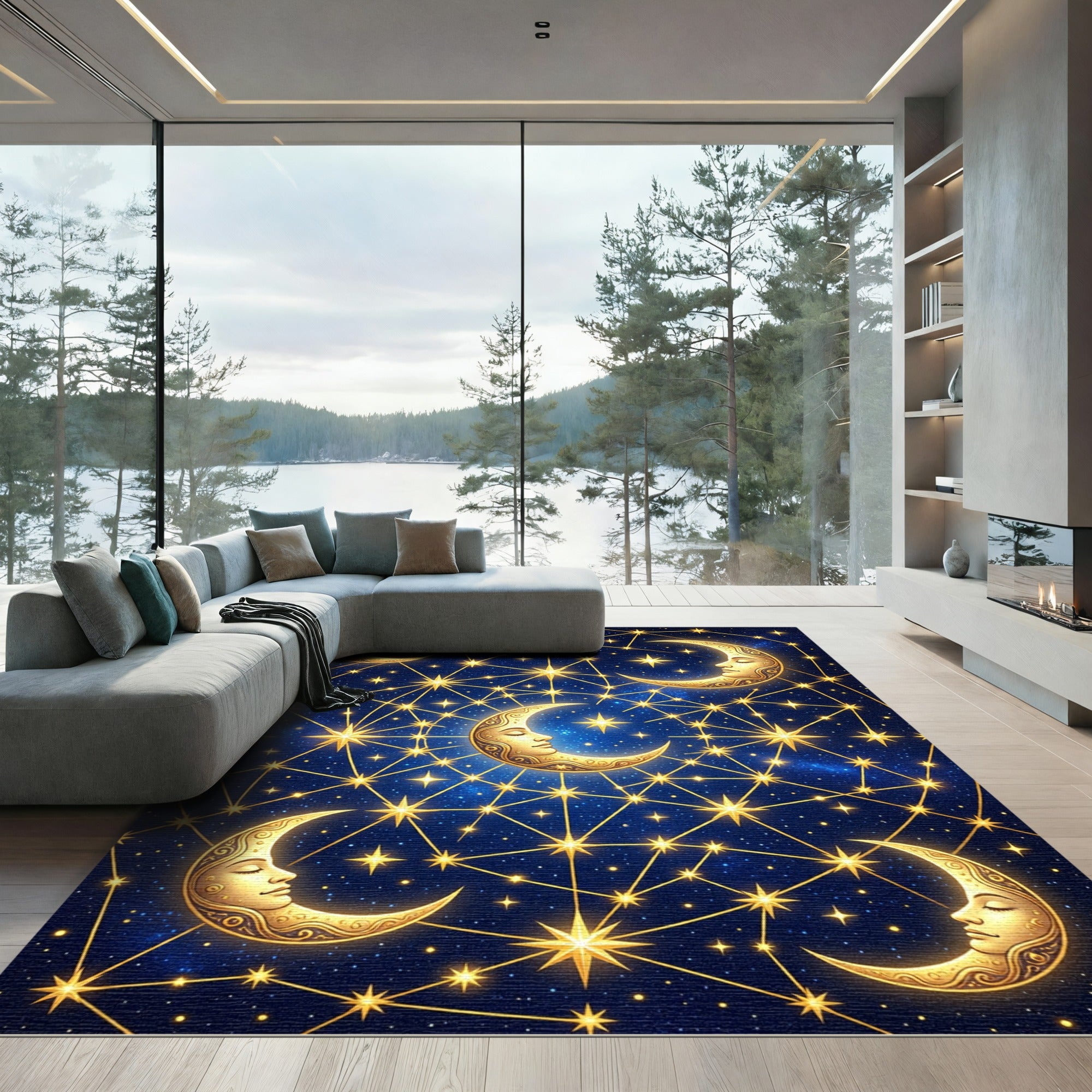 Celestial Gold Crescent Moon Starry Night Rug