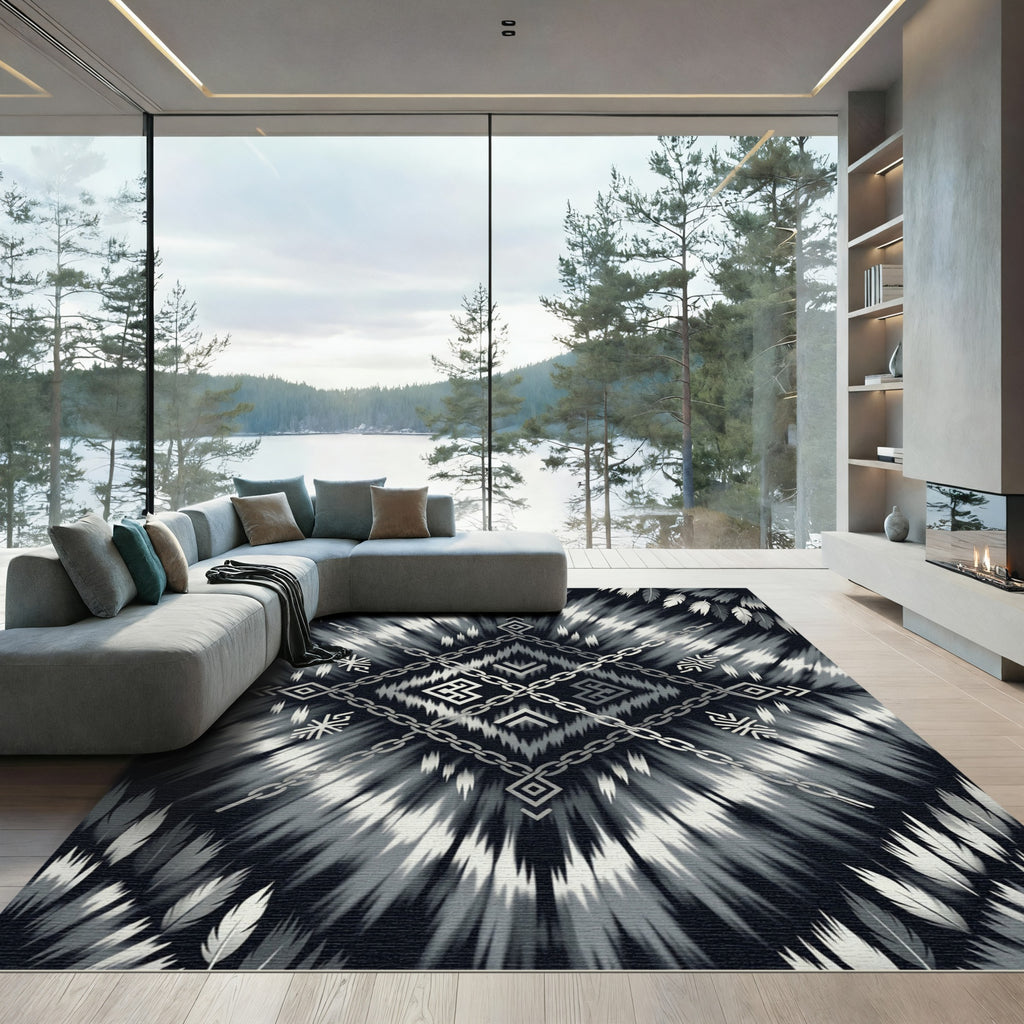 Black White Feathered Chain Medallion Rug