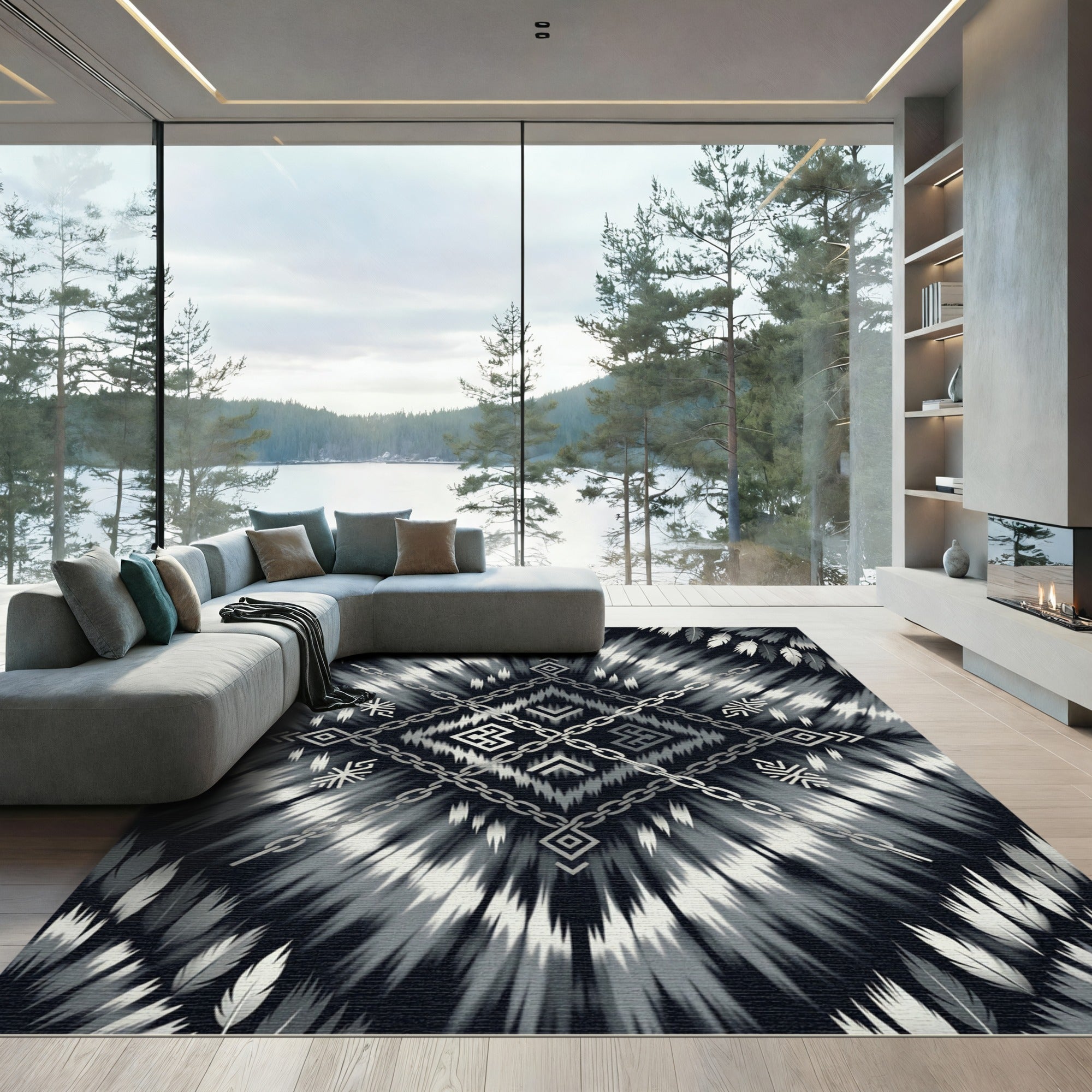 Black White Feathered Chain Medallion Rug