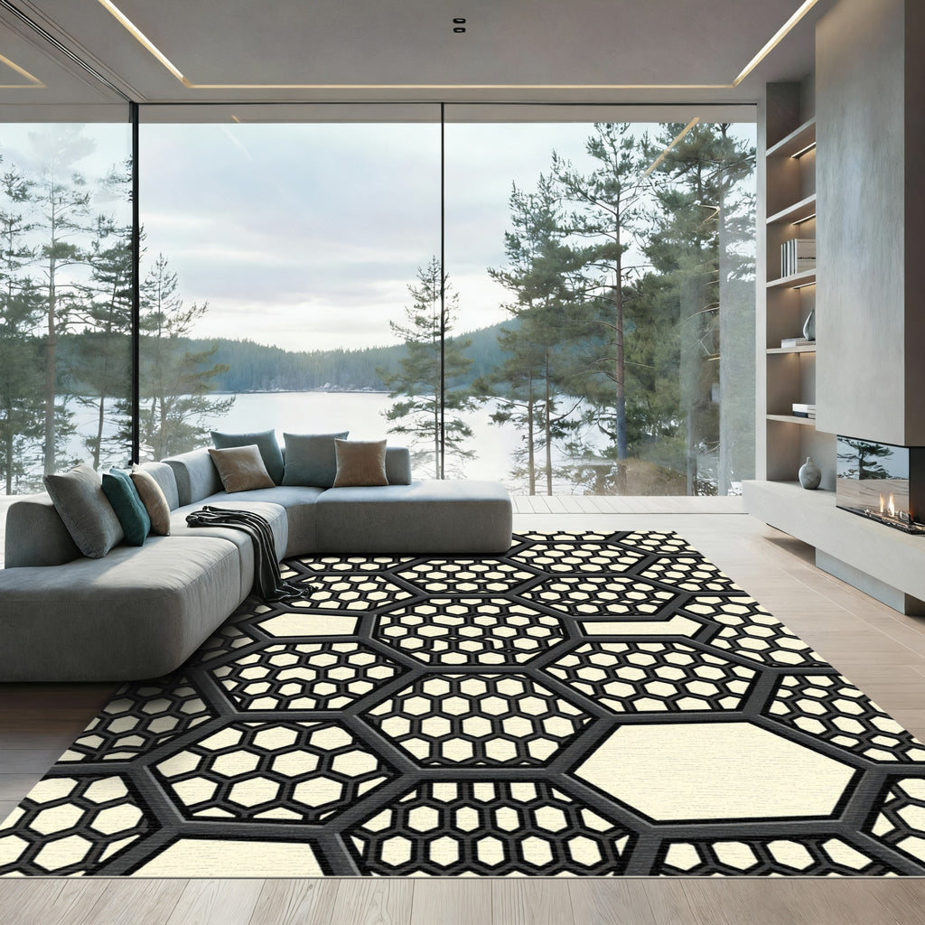 Dark Gray Hexagon Chain Grid Rug