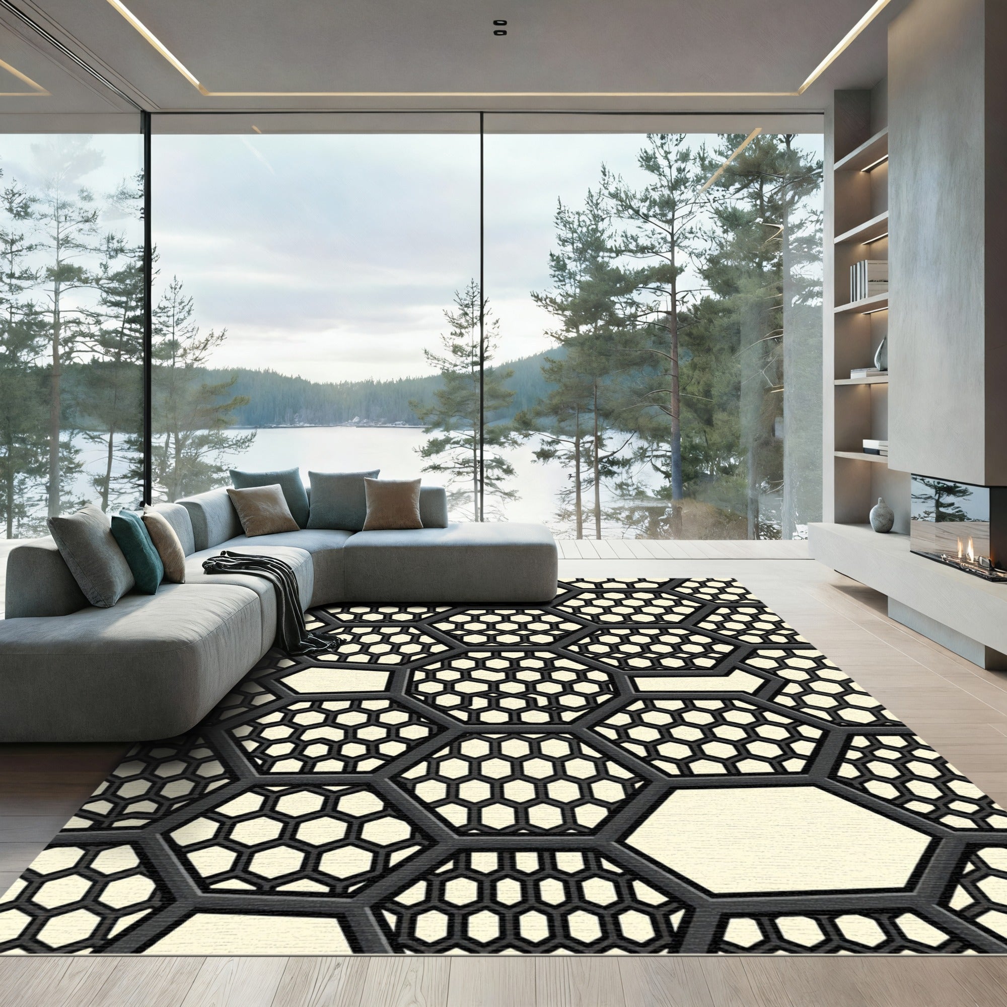 Dark Gray Hexagon Chain Grid Rug