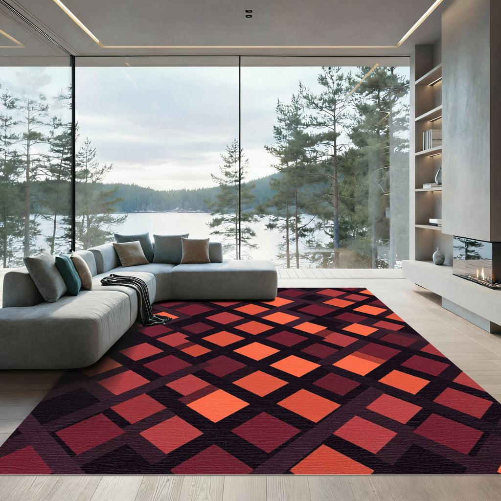 Bold Crimson Geometric Diamond Grid Rug