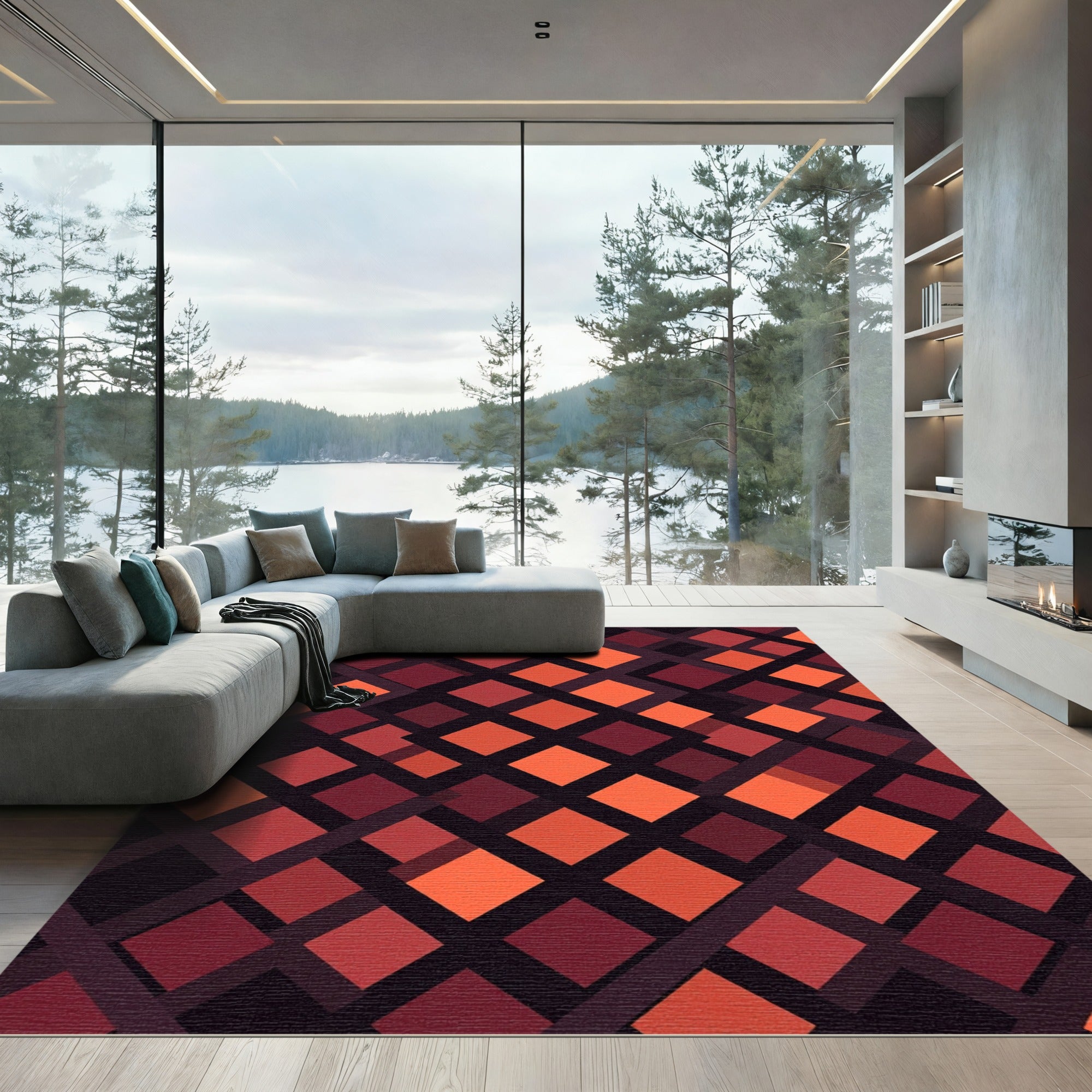 Bold Crimson Geometric Diamond Grid Rug