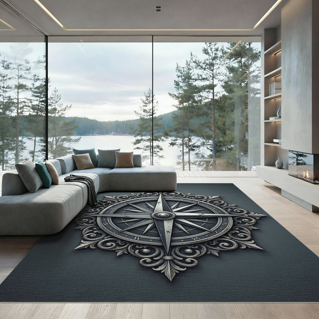 Ornate Silver Compass Rose Medallion Rug