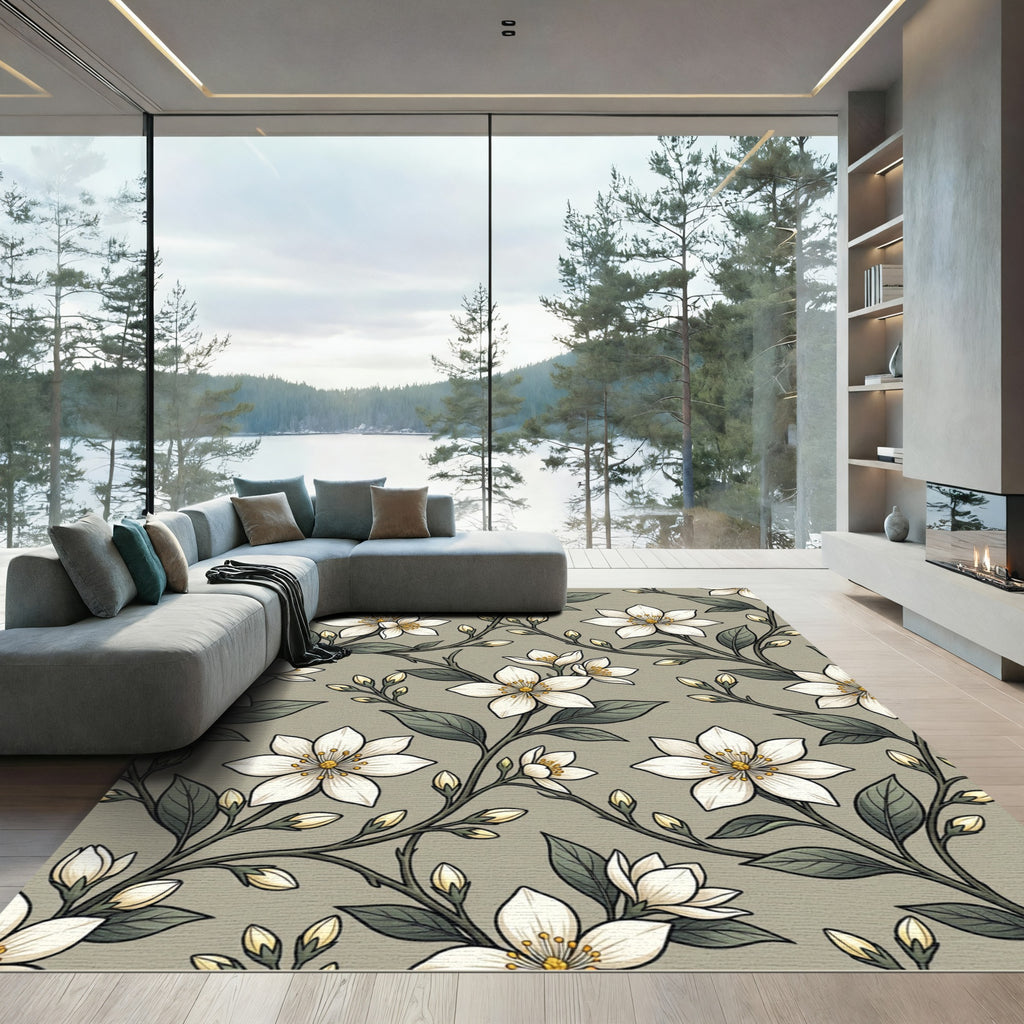 Delicate White Blossom Vine Pattern Rug