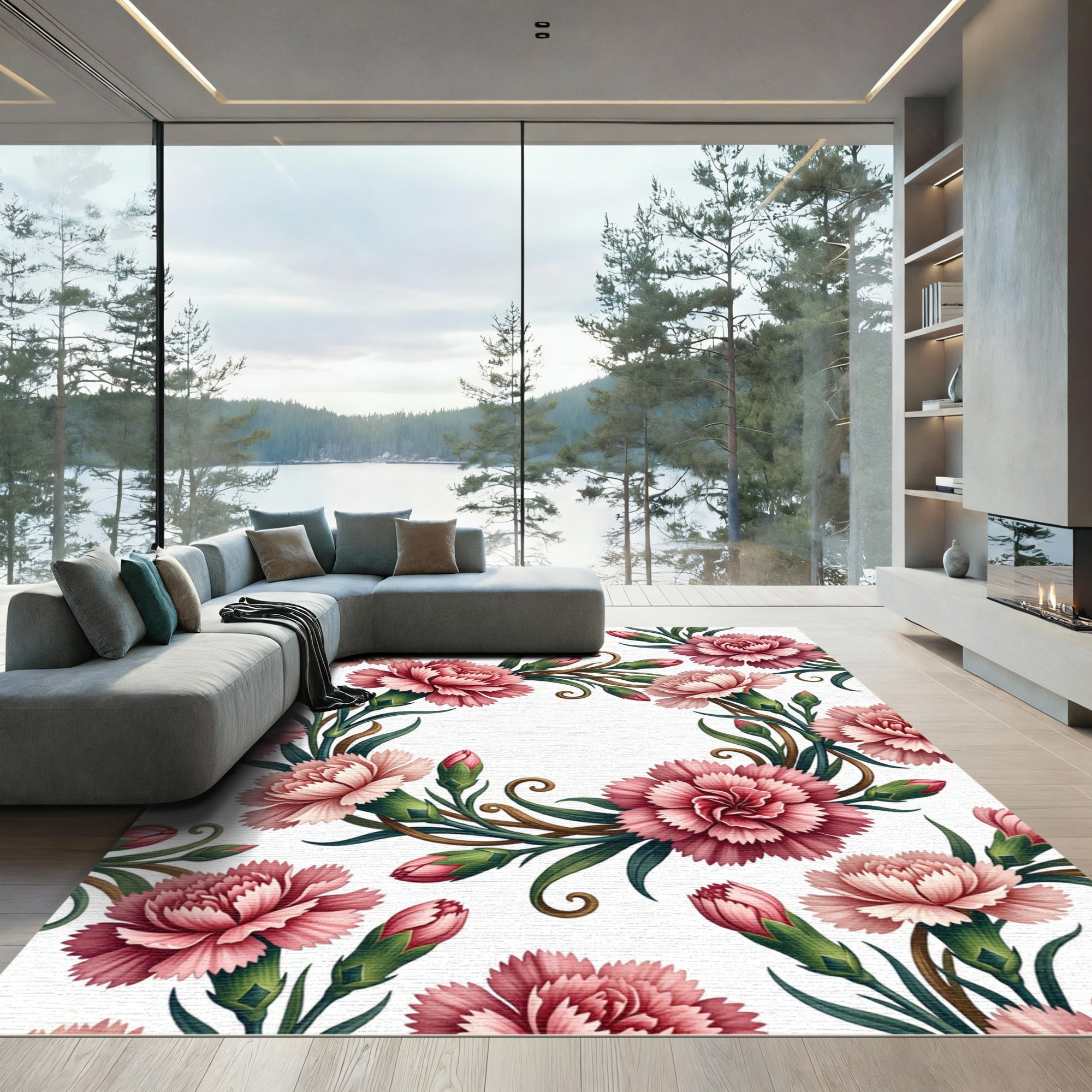 Elegant Pink Carnation Floral Wreath Rug