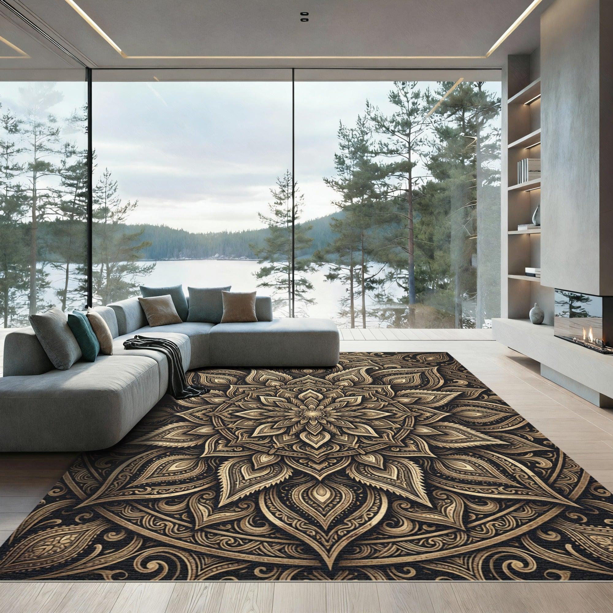 Ornate Gold Floral Symmetry Mandala Rug