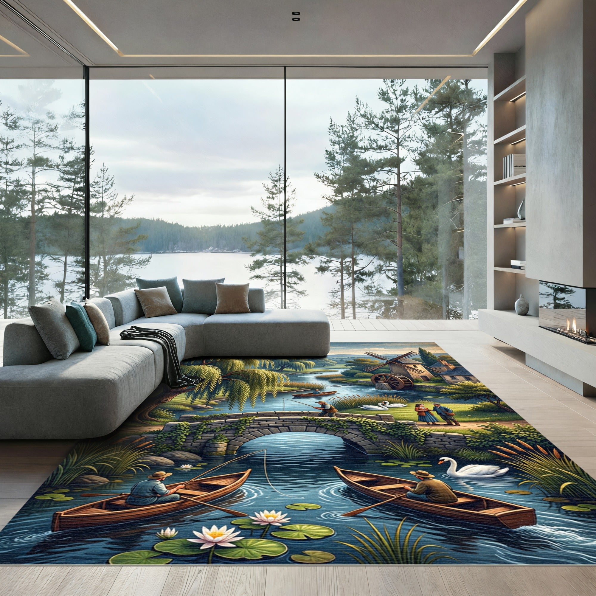 Pastoral Riverbank Willow Landscape Scene Rug