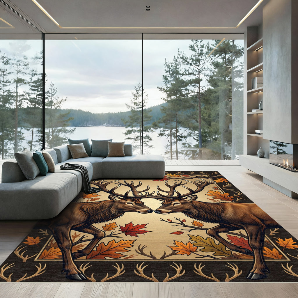 Majestic Autumn Stags and Maple Leaves Rug