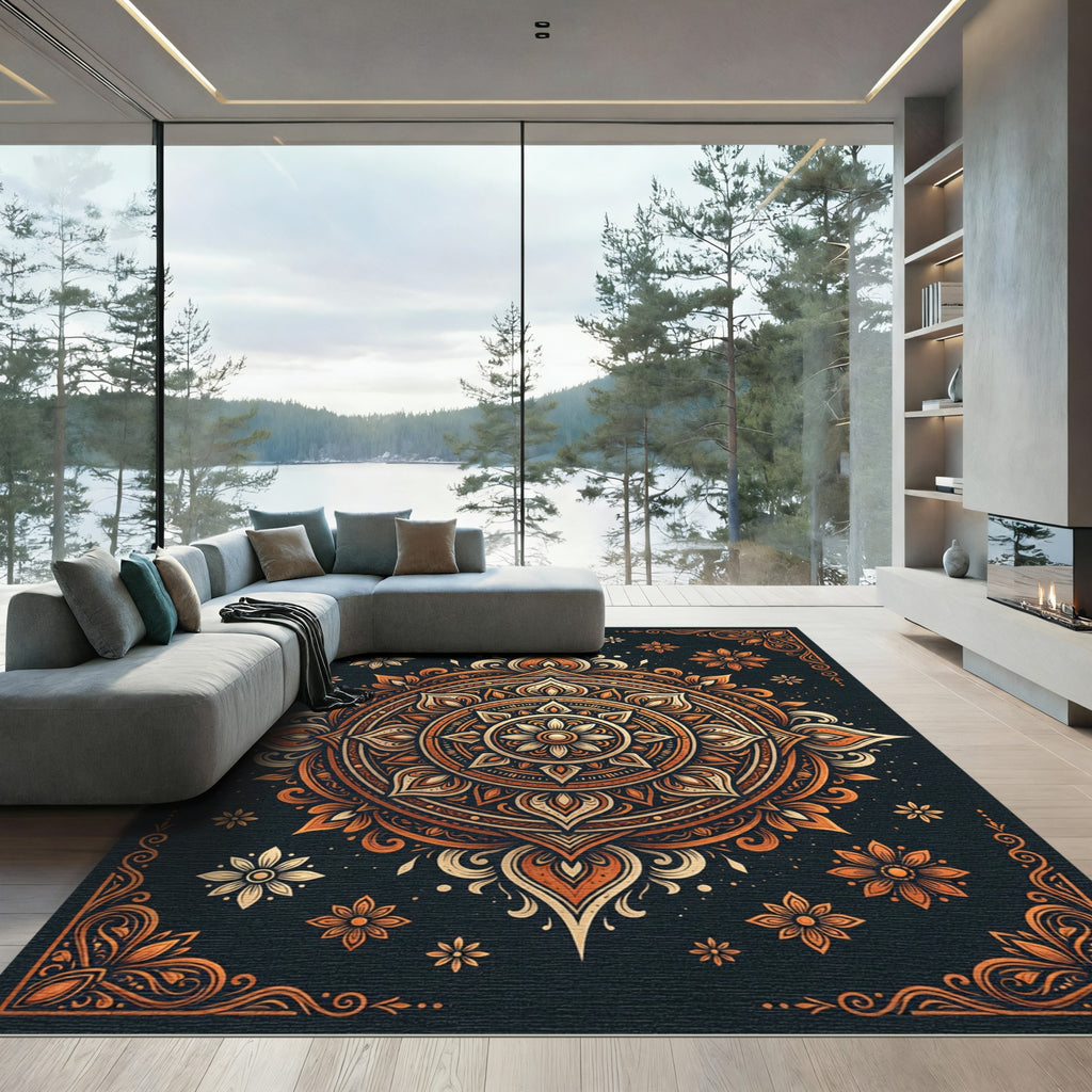 Ornate Amber Mandala Floral Medallion Rug