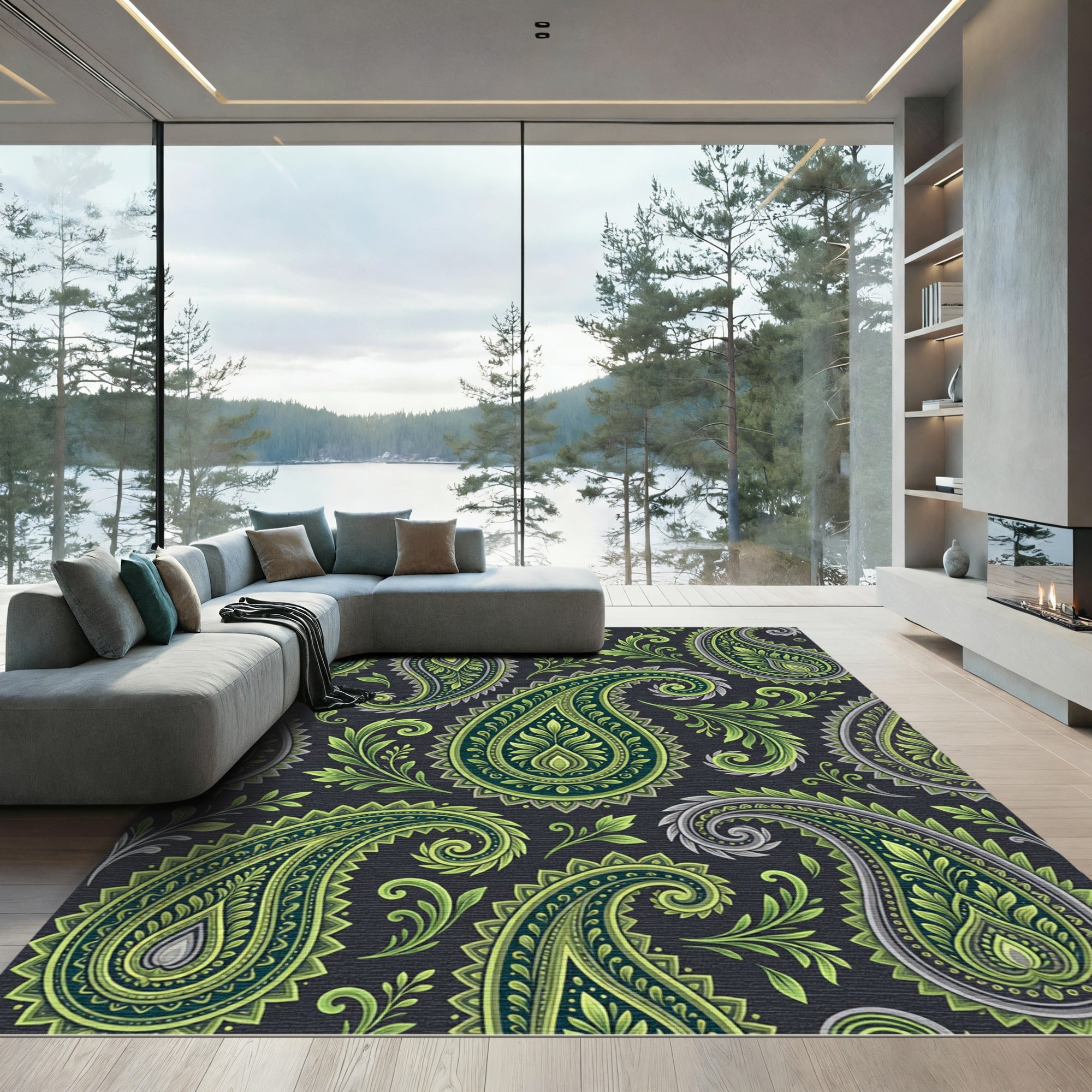 Elegant Olive and Slate Green Paisley Rug