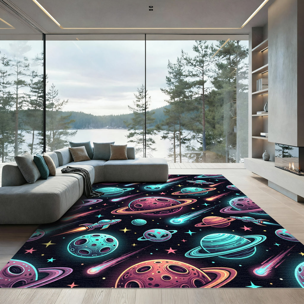 Vibrant Neon Outer Space Galaxy Rug