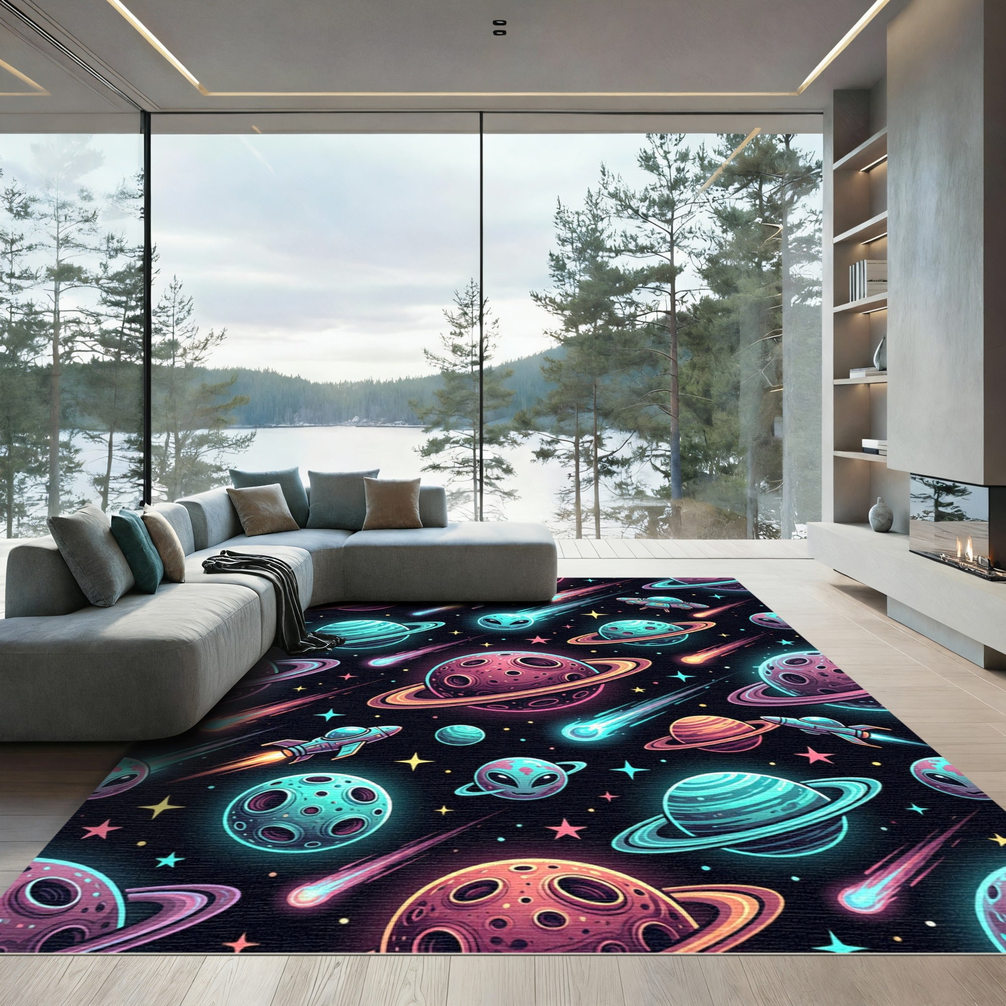 Vibrant Neon Outer Space Galaxy Rug