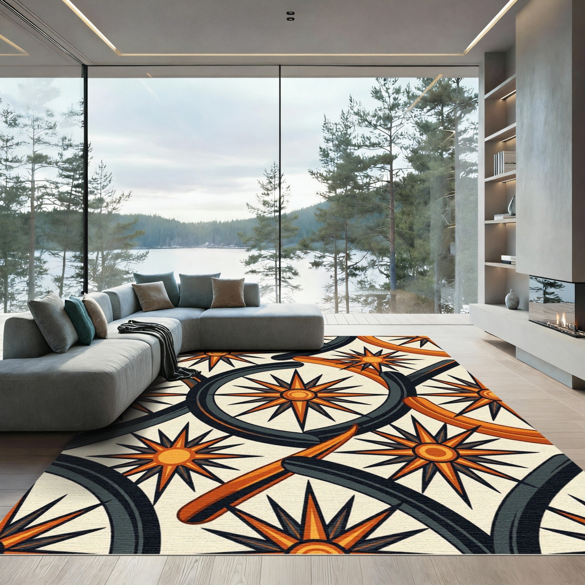 Geometric Compass Star Retro Orange Rug