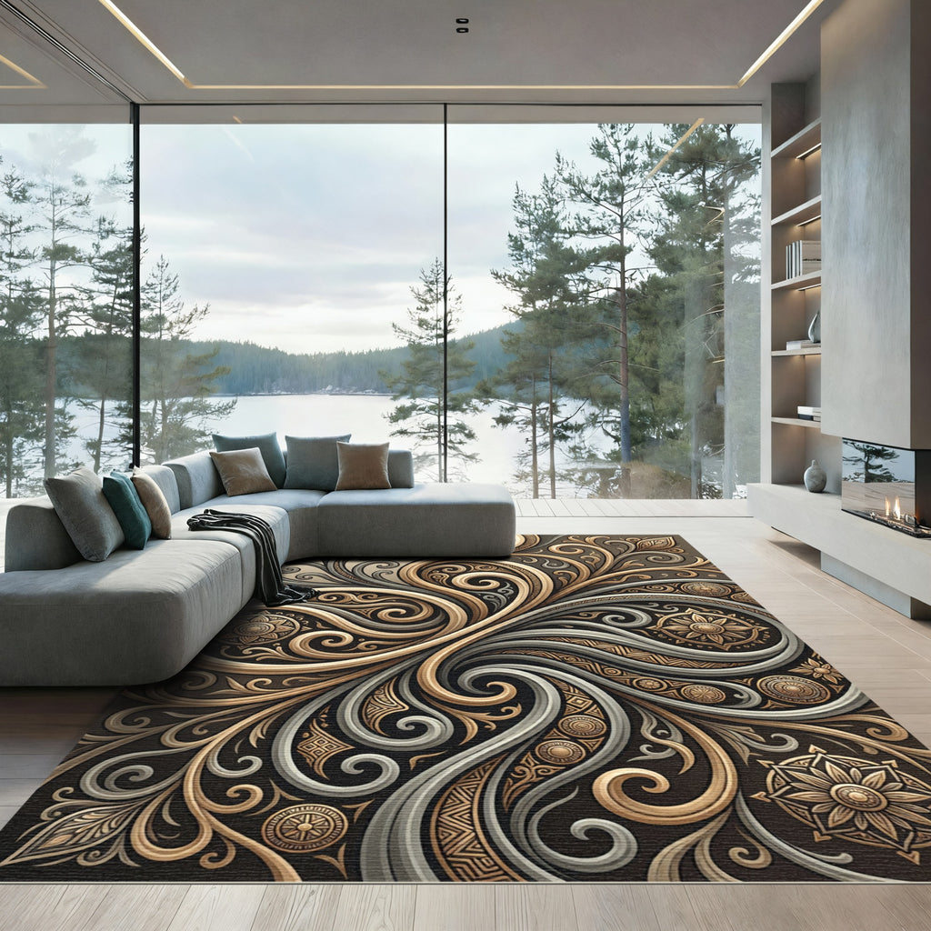 Elegant Gold and Taupe Swirling Scroll Rug