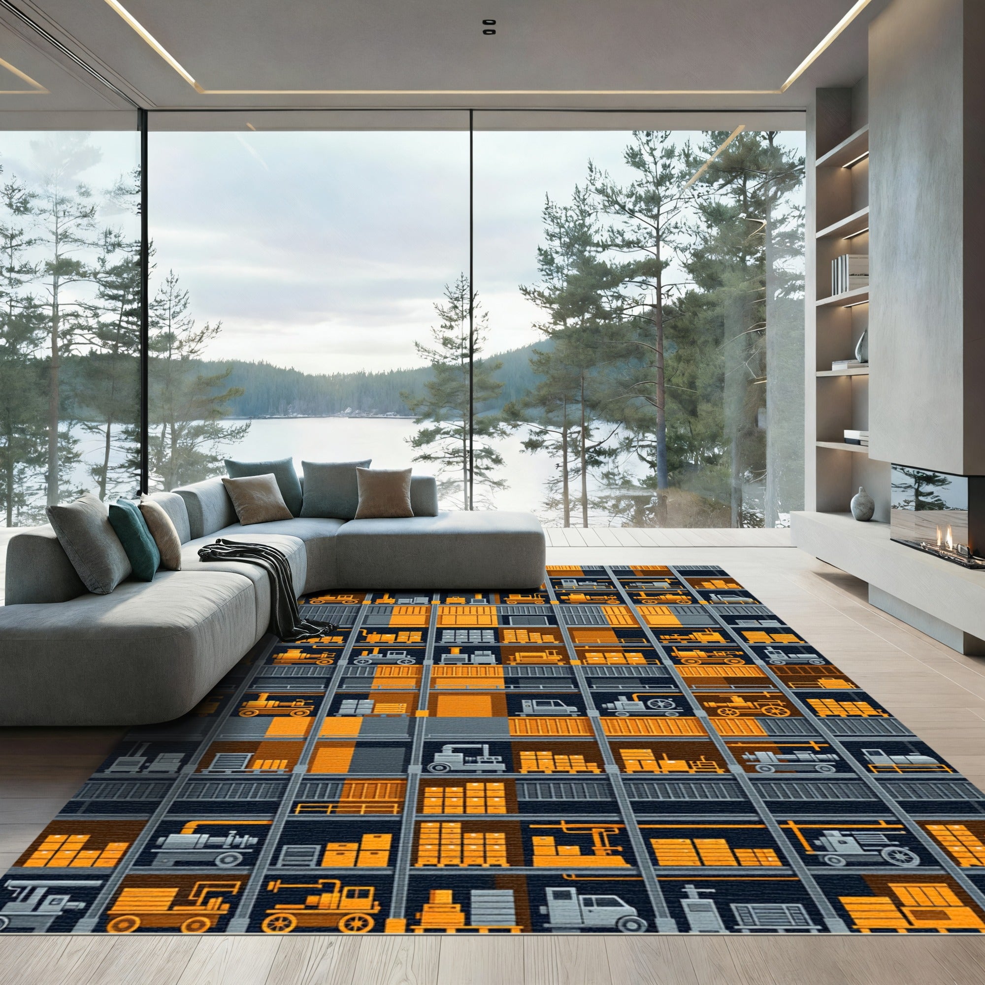 Industrial Yellow Orange Storage Units Rug