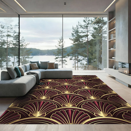 Art Deco Burgundy Gold Fan Shell Rug