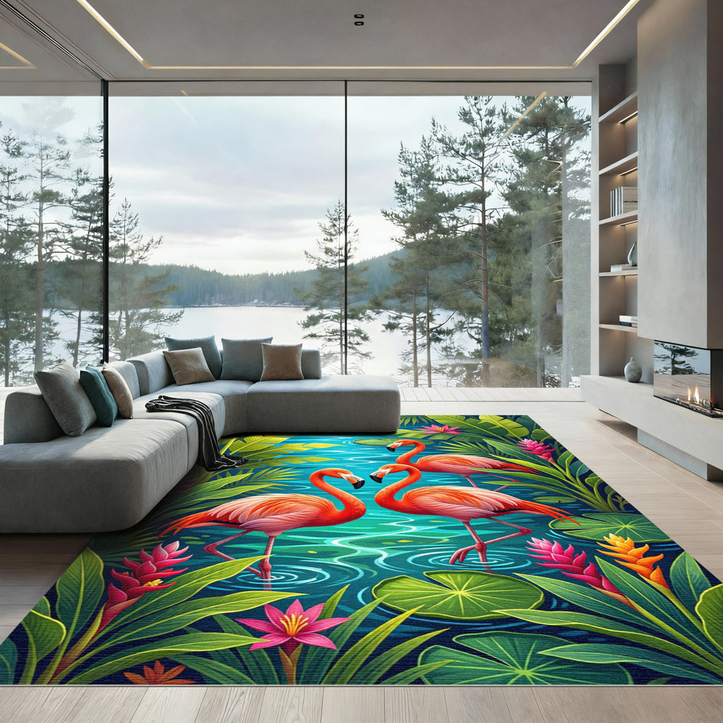 Tropical Flamingo Flora Lush Teal Pool Rug