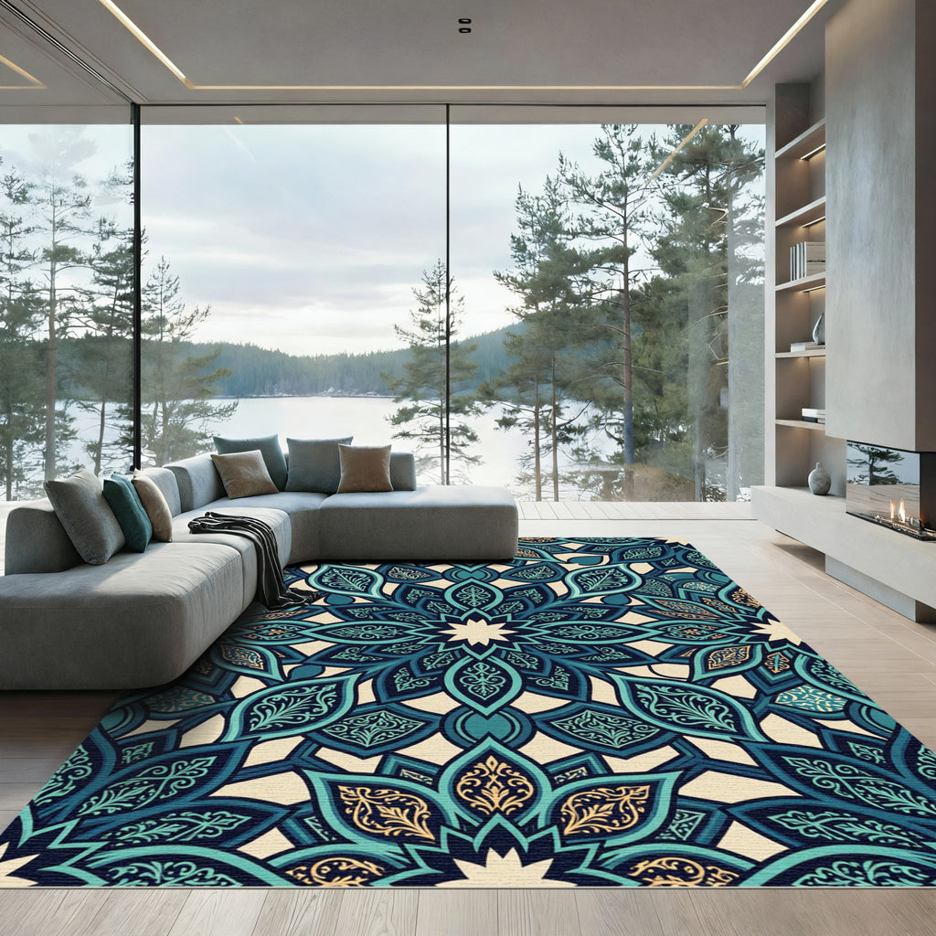 Teal And Gold Mandala Art Rug