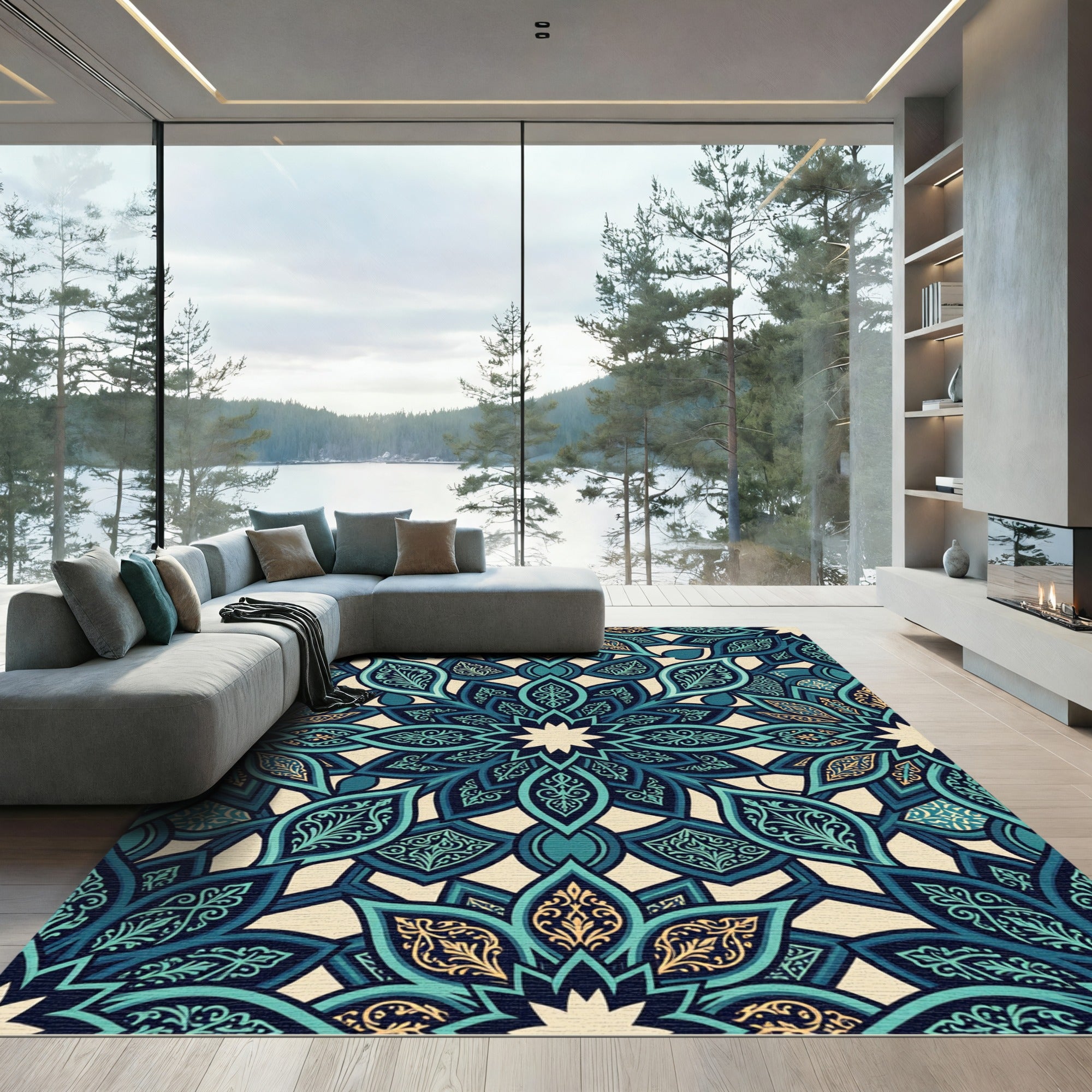 Teal And Gold Mandala Art Rug