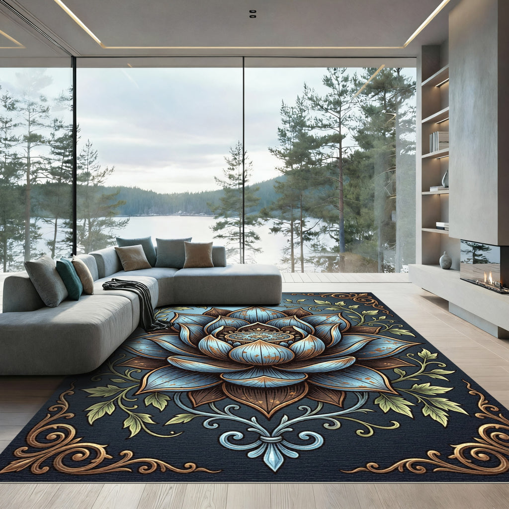 Ornate Blue Lotus Floral Filigree Rug