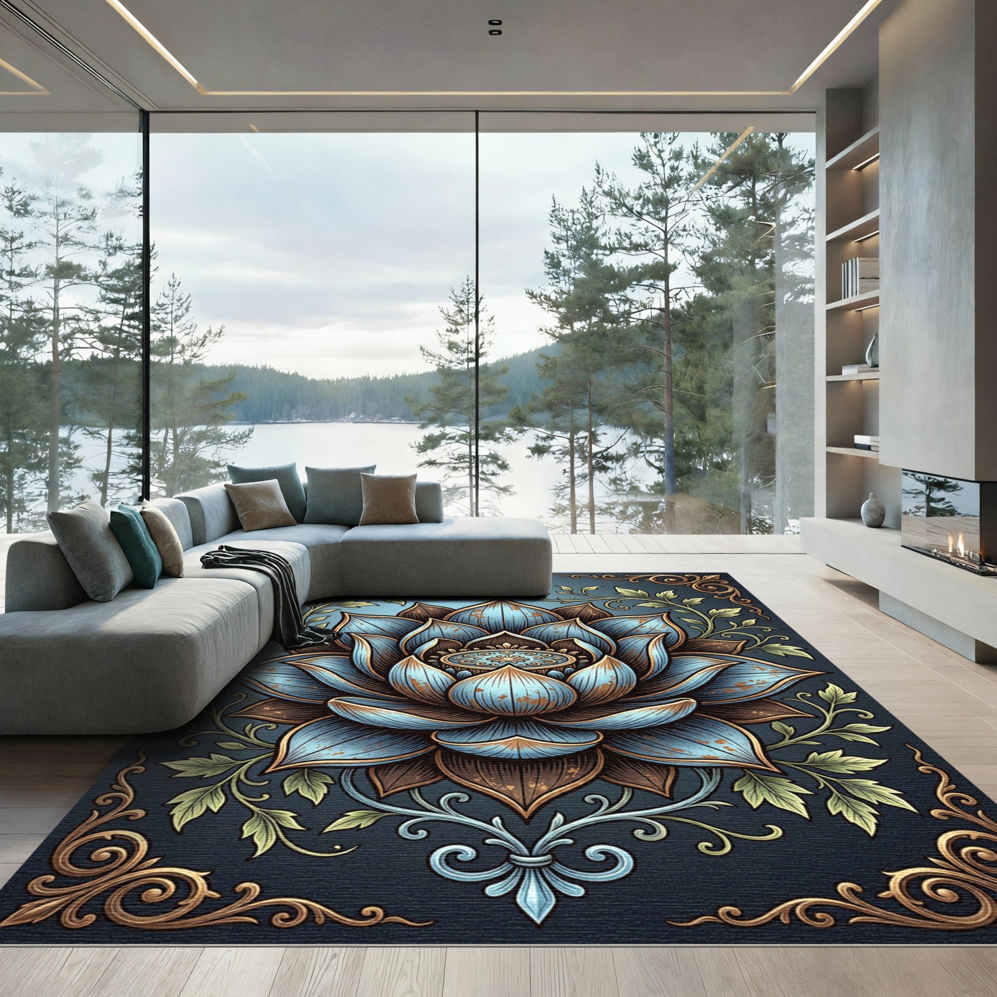Ornate Blue Lotus Floral Filigree Rug