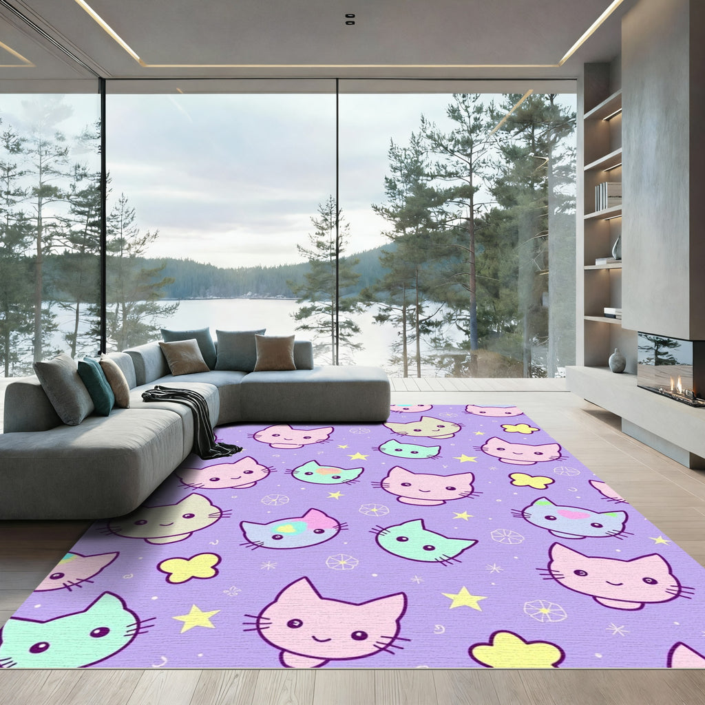 Kawaii Pastel Cat Starry Meadow Rug