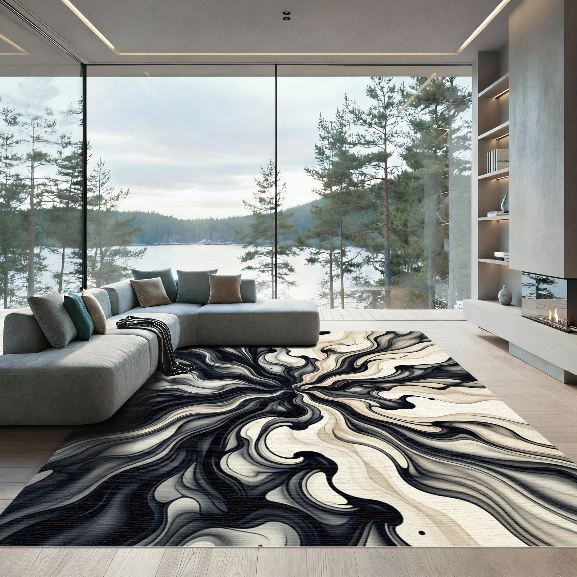 Monochrome Swirling Liquid Abstract Wave Rug
