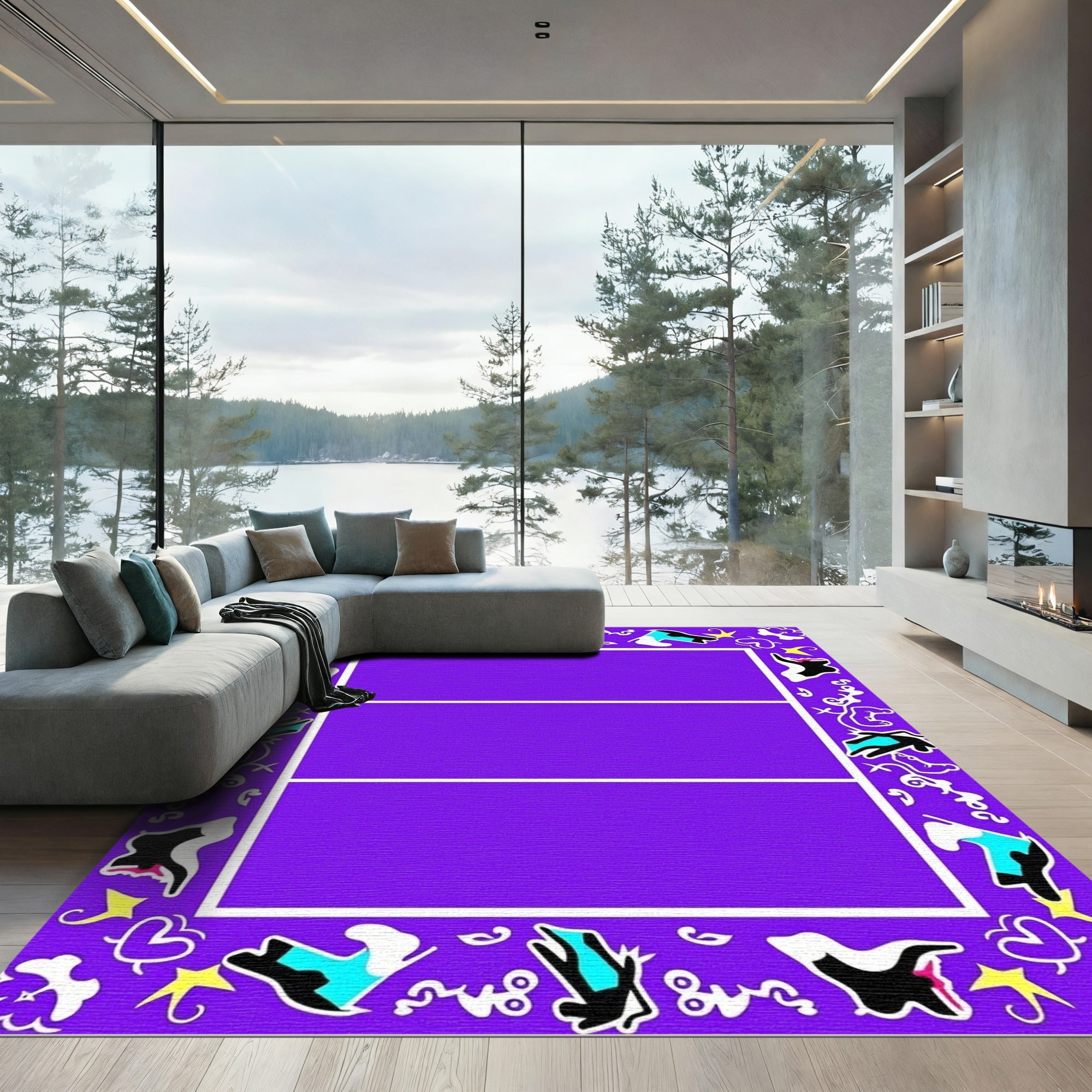 Vibrant Purple Abstract Doodle Border Rug