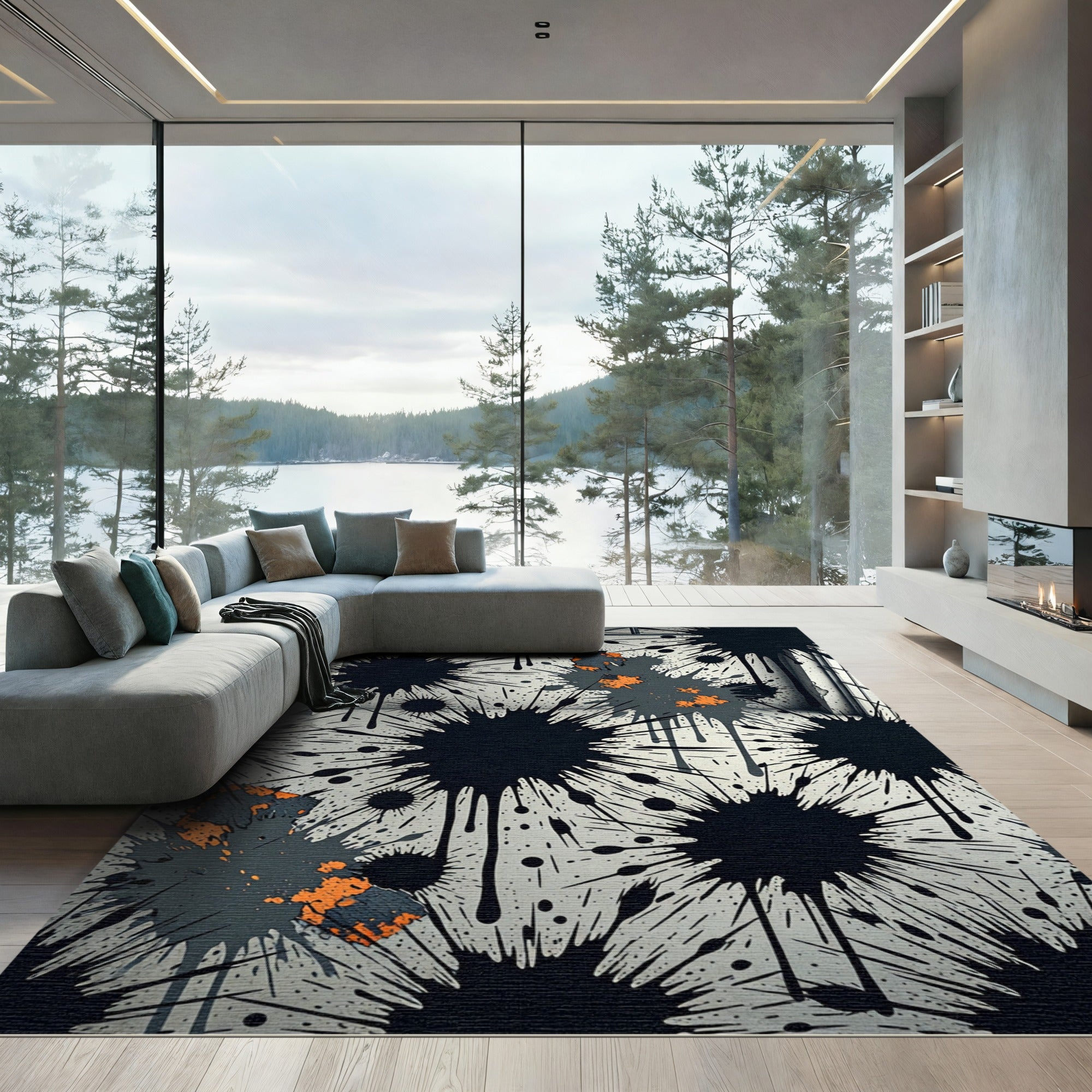 Monochrome Ink Splash with Burnt Orange Accents Rug