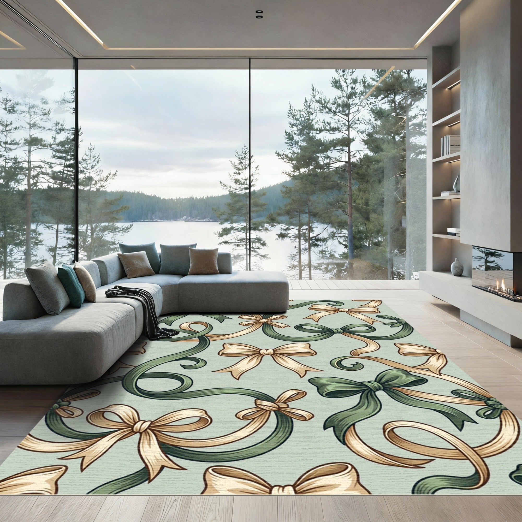 Elegant Sage and Cream Ribbon Garland Rug