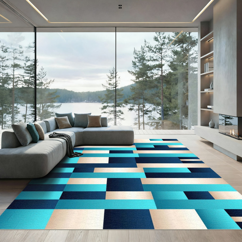 Modern Geometric Teal and Navy Stripe Rug