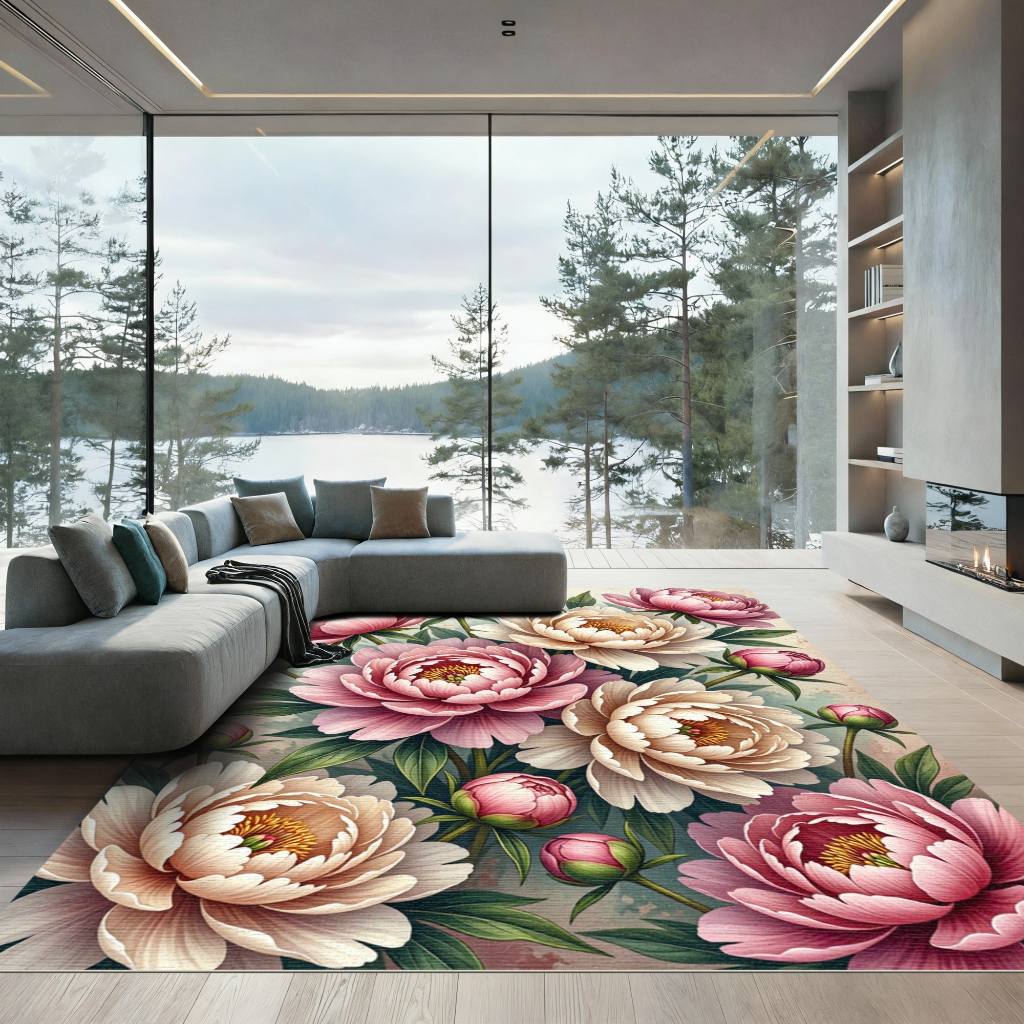 Soft Pink Peony Botanical Bouquet Rug