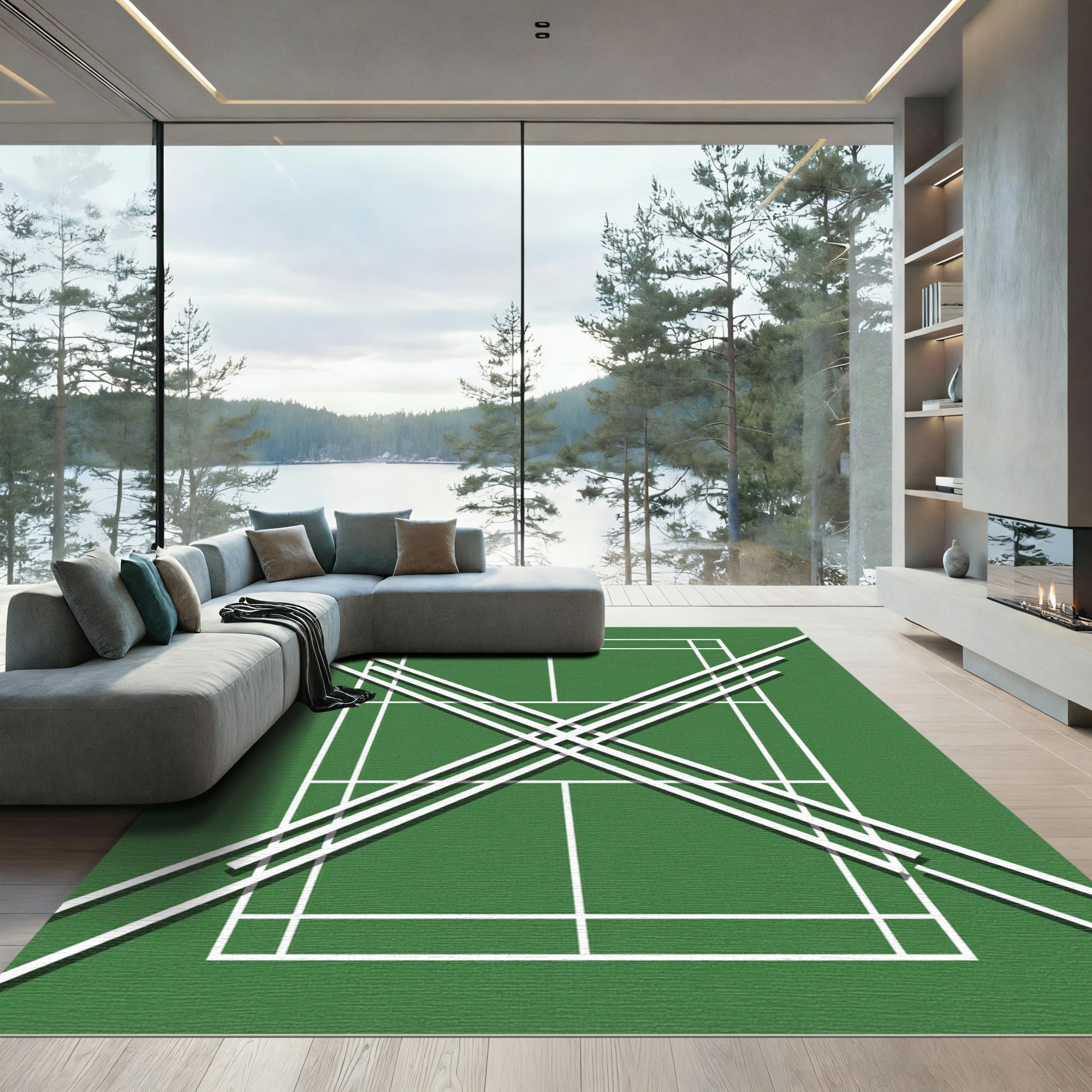 Minimalist Emerald Green Geometric Crossed Lines Rug