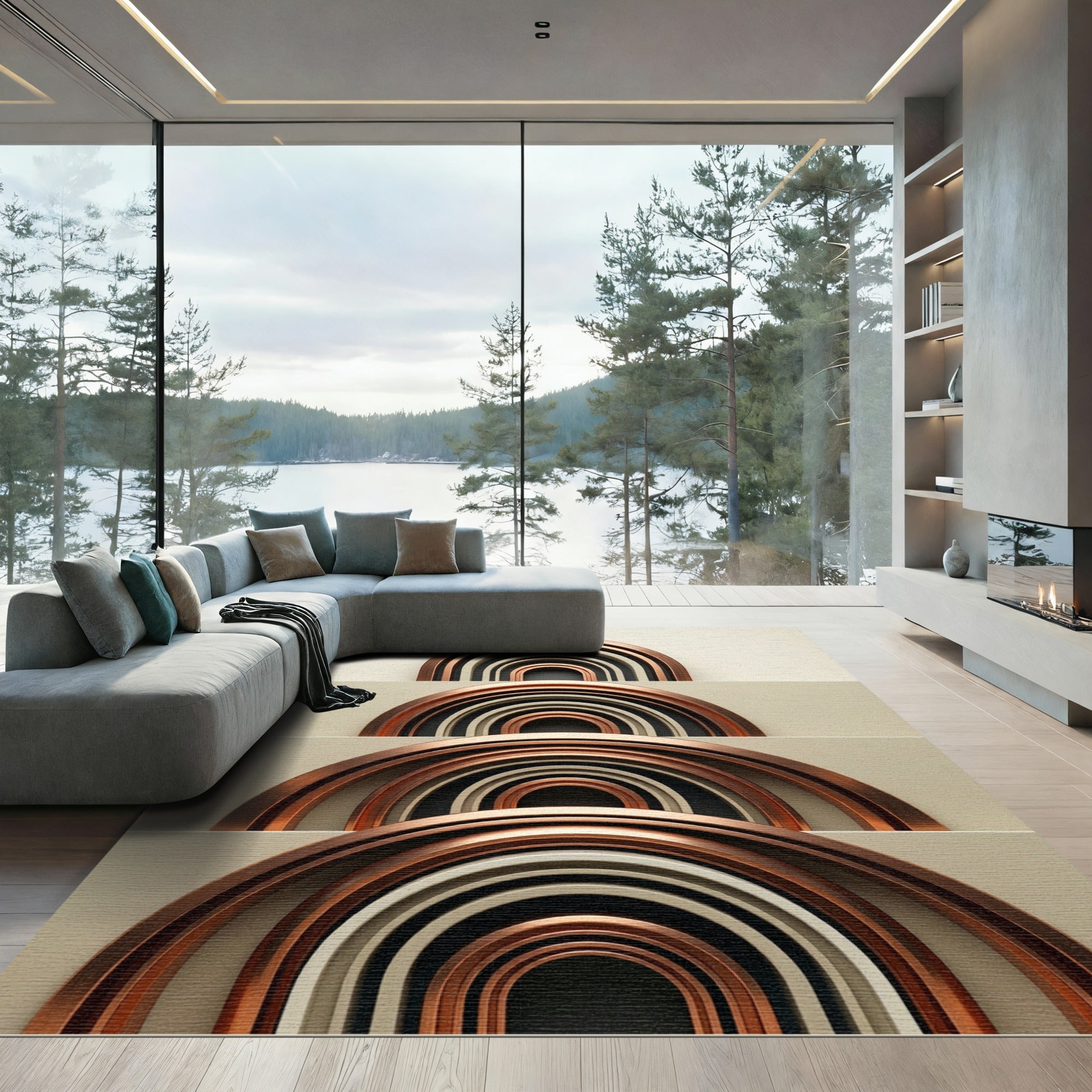 Copper Metallic Arched Linear Abstract Rug
