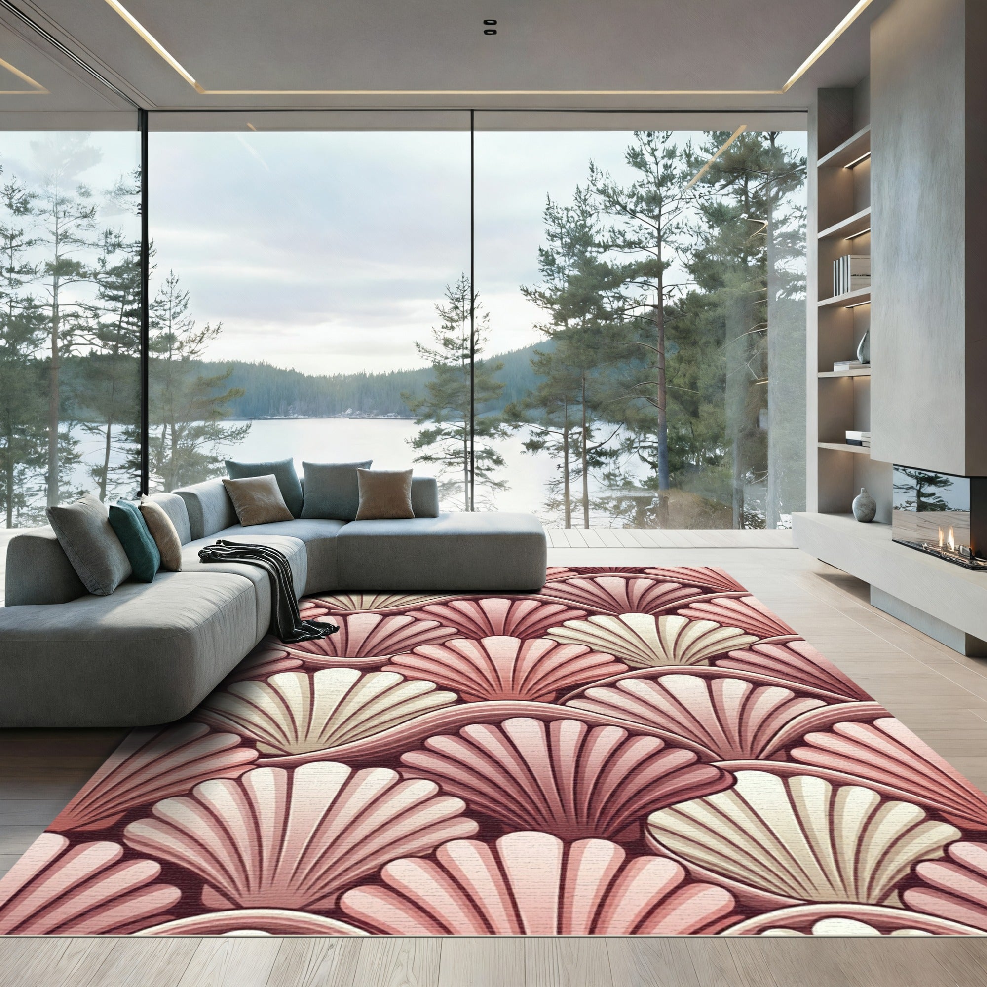 Blush Pink Art Deco Shell Fan Rug