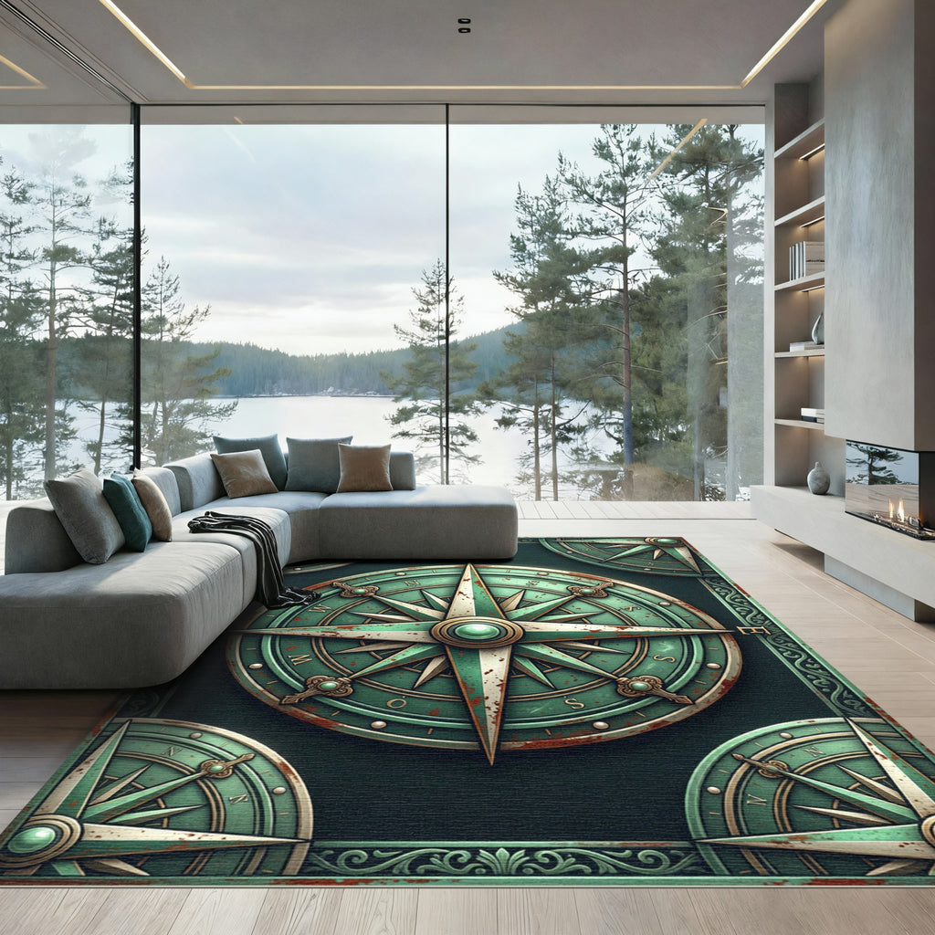 Vintage Patina Nautical Compass Medallion Rug