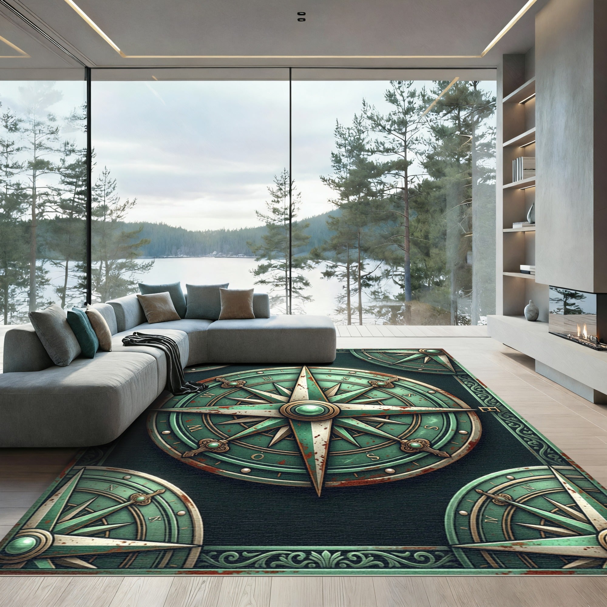 Vintage Patina Nautical Compass Medallion Rug