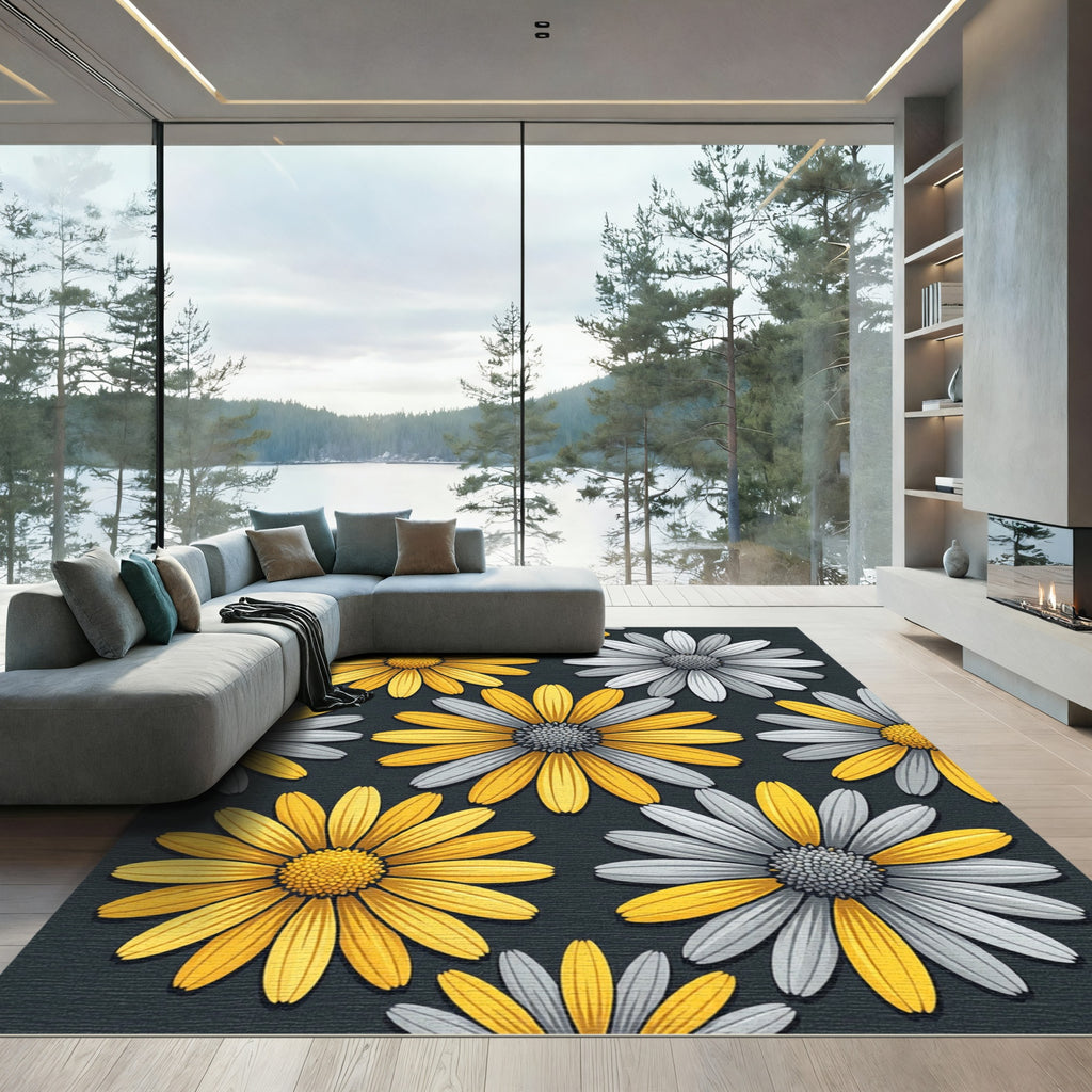 Yellow and Gray Daisy Floral Meadow Rug