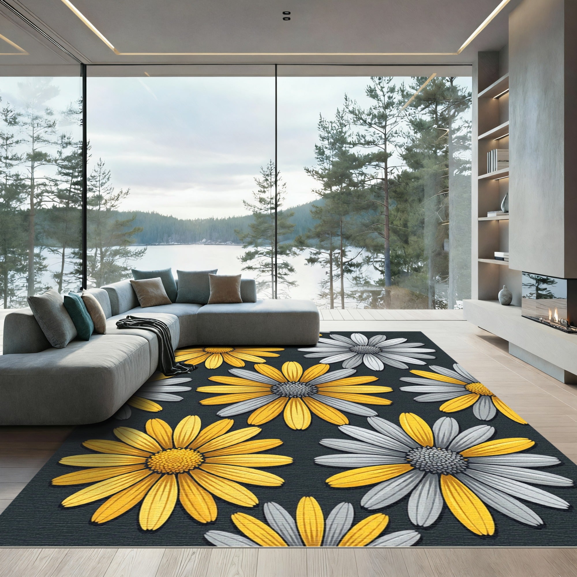Yellow and Gray Daisy Floral Meadow Rug