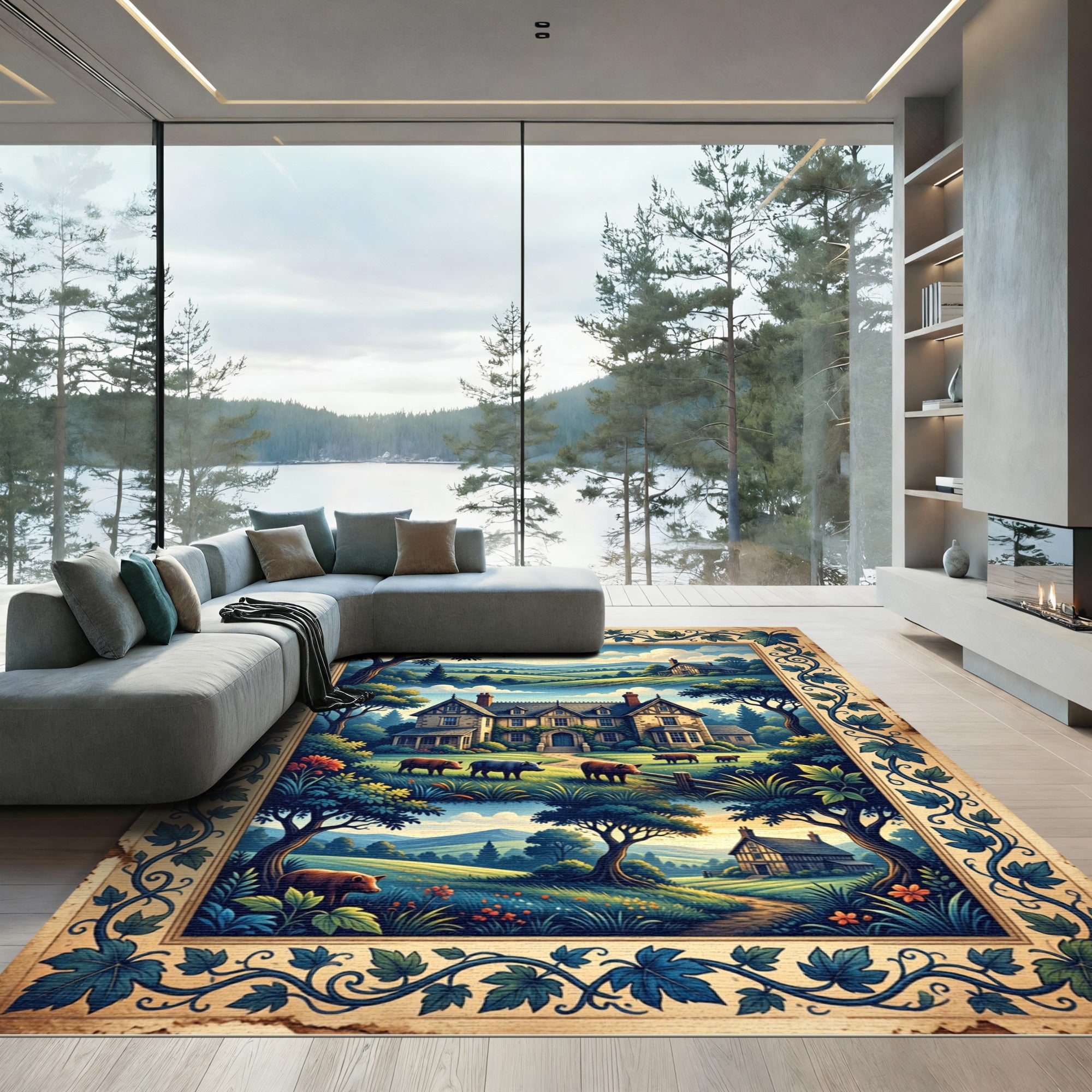 Earthy Pastoral Farmhouse Meadow Landscape Rug