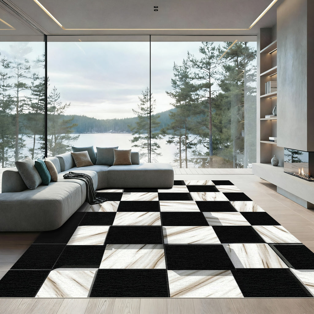 Black White Marble Checkered Illusion Rug
