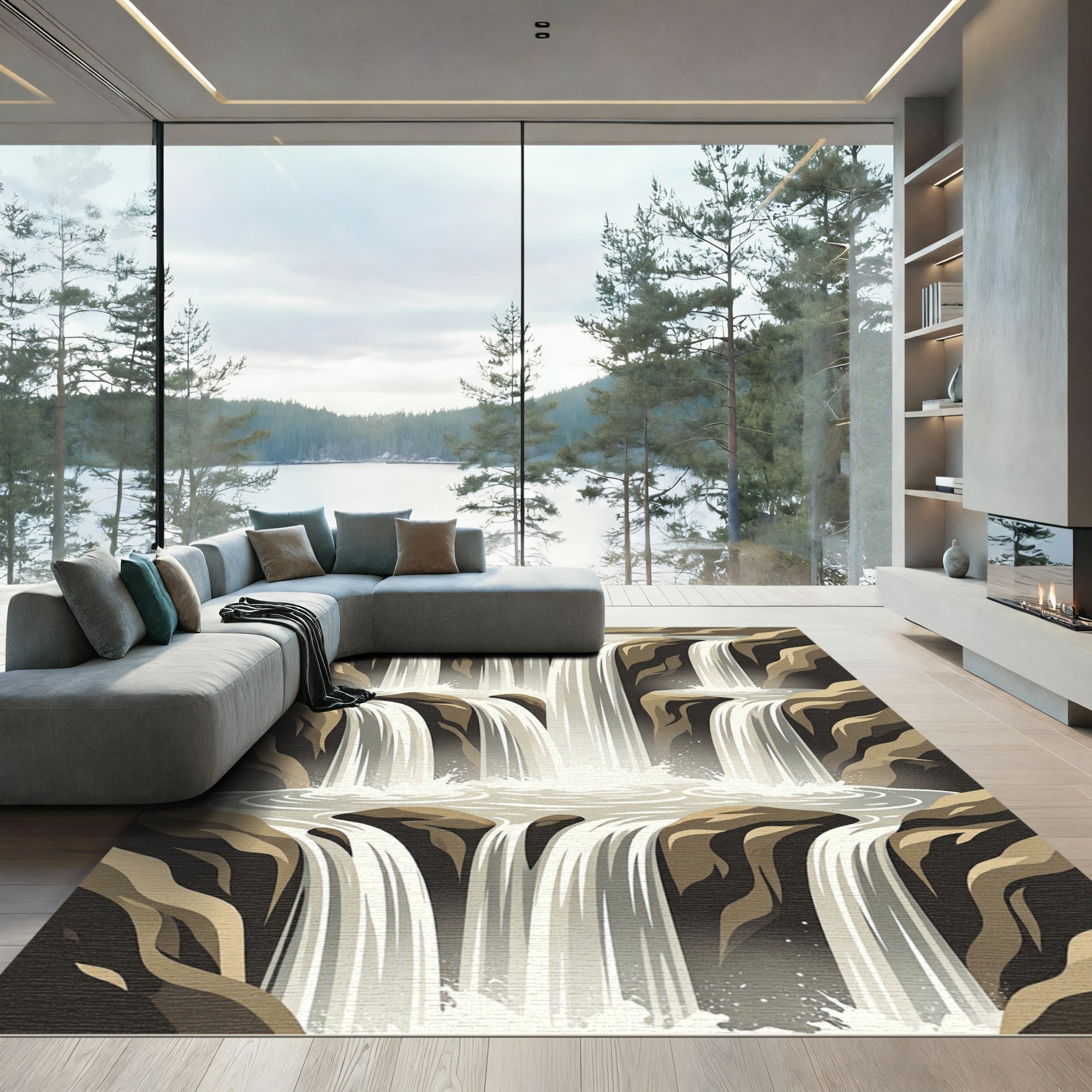 Cascading Neutral Cascade Cliff Waterfall Art Rug